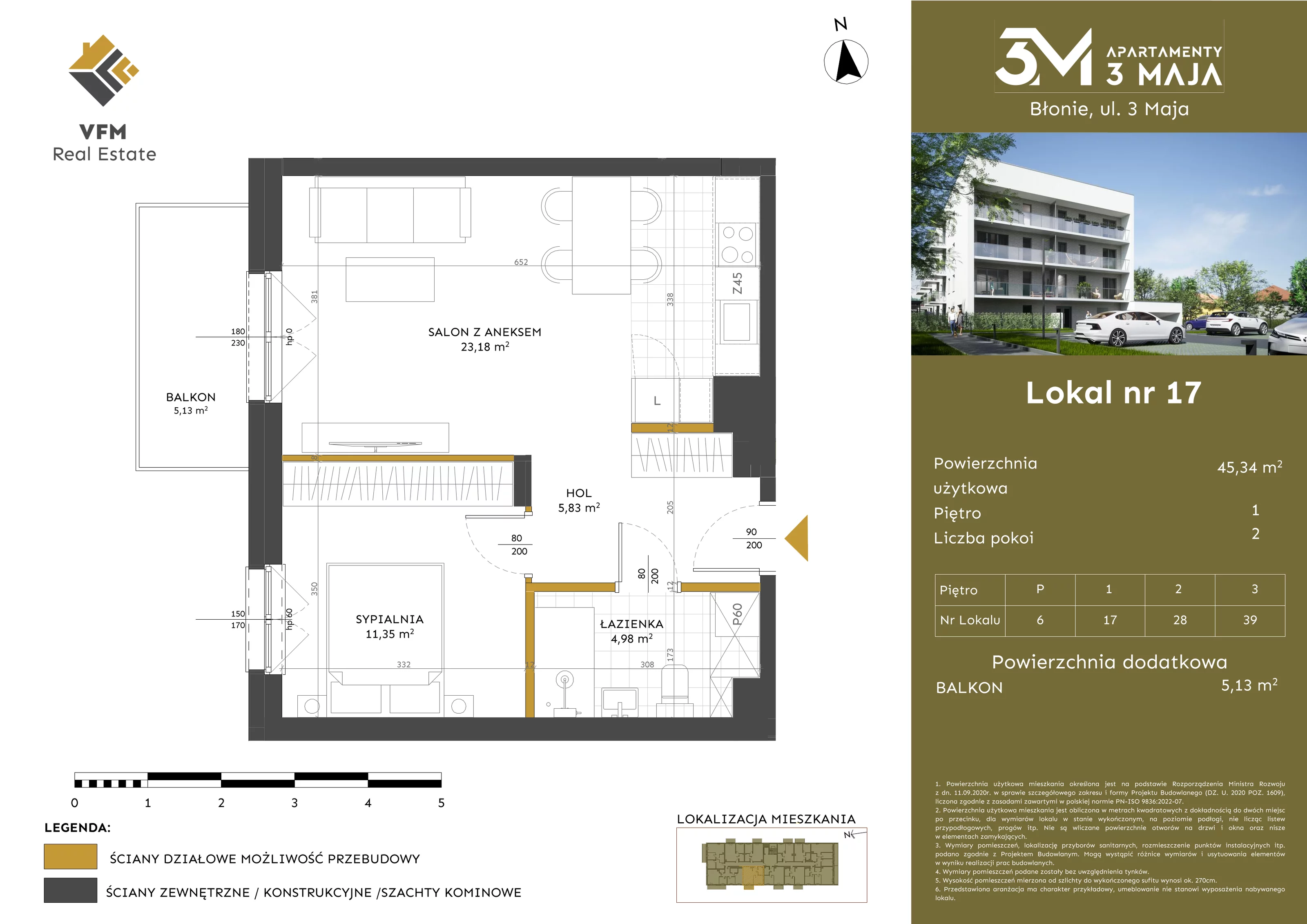 2 pokoje, mieszkanie 45,34 m², piętro 1, oferta nr 17, Apartamenty 3 Maja, Błonie, ul. 3 Maja