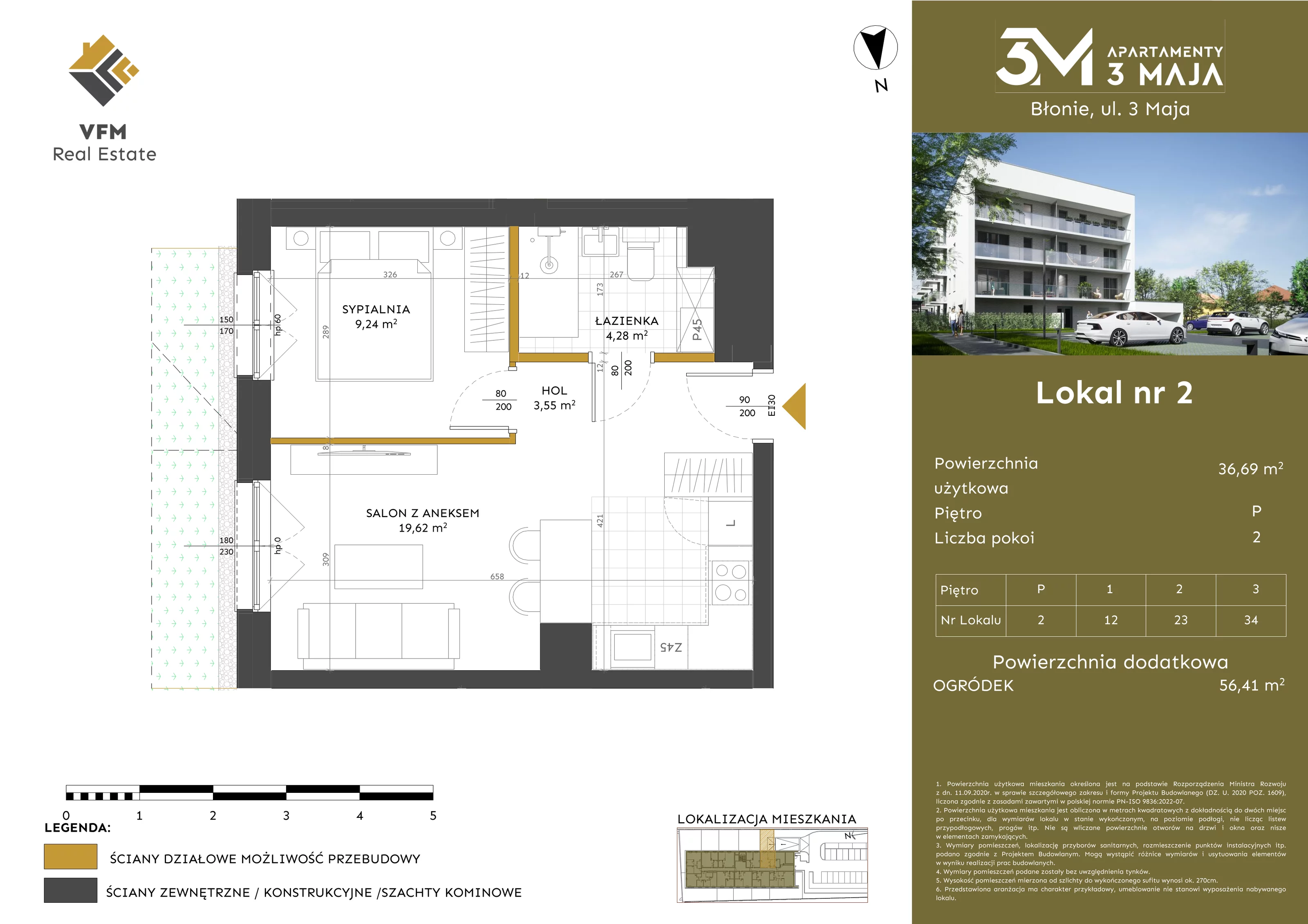 2 pokoje, mieszkanie 36,69 m², parter, oferta nr 2, Apartamenty 3 Maja, Błonie, ul. 3 Maja