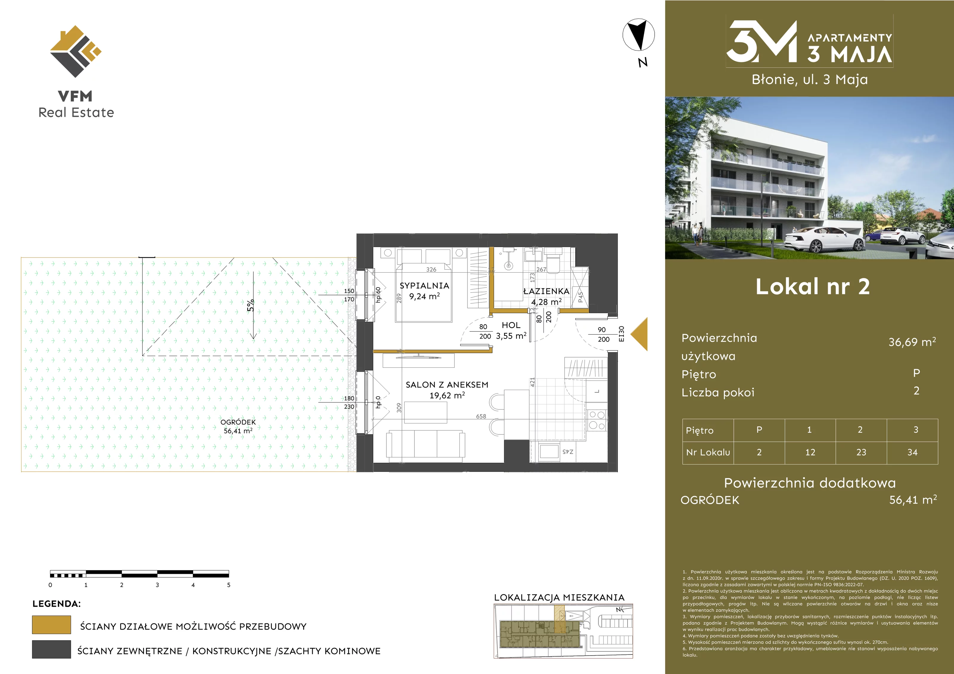 2 pokoje, mieszkanie 36,69 m², parter, oferta nr 2, Apartamenty 3 Maja, Błonie, ul. 3 Maja