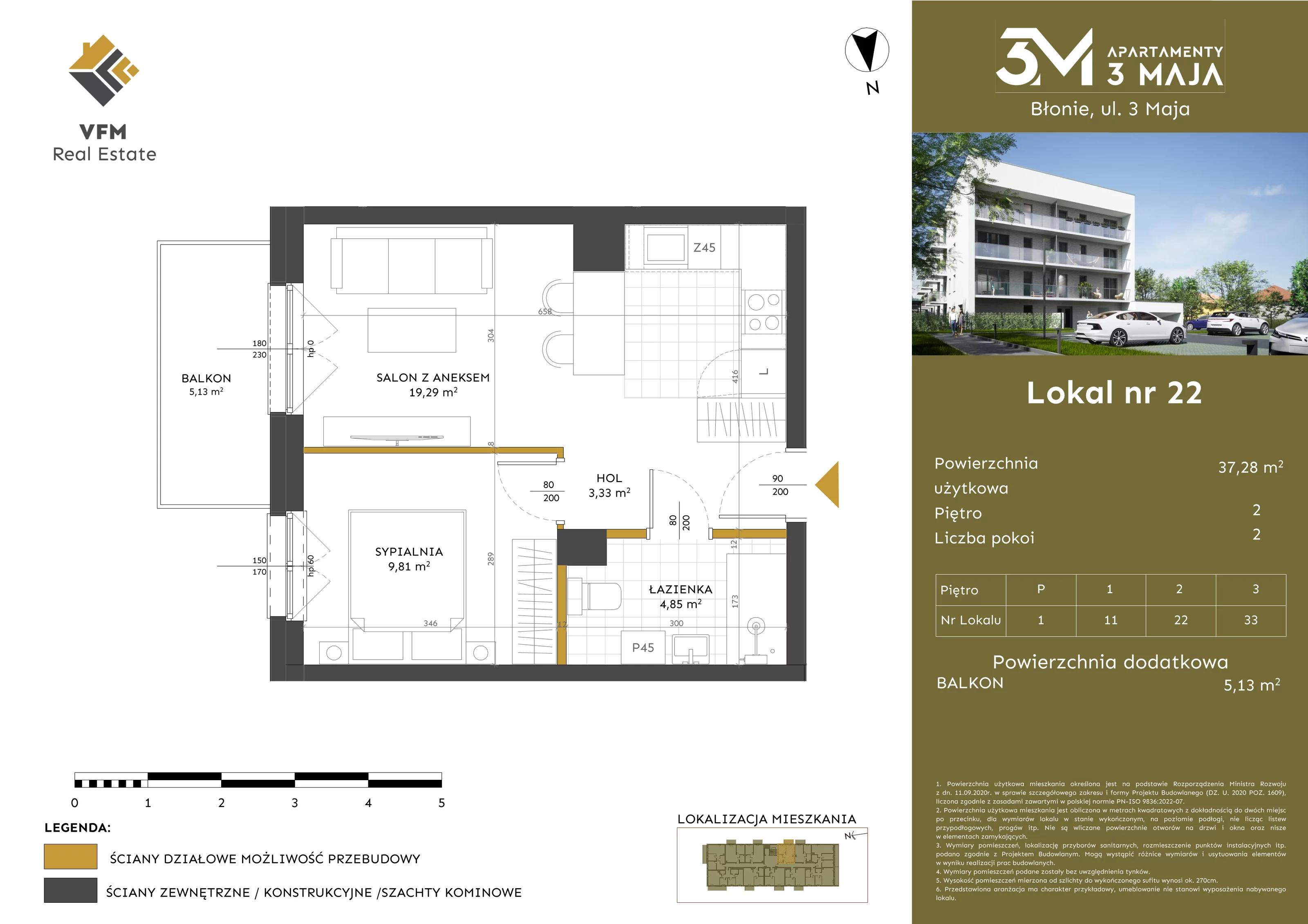 2 pokoje, mieszkanie 37,28 m², piętro 2, oferta nr 22, Apartamenty 3 Maja, Błonie, ul. 3 Maja