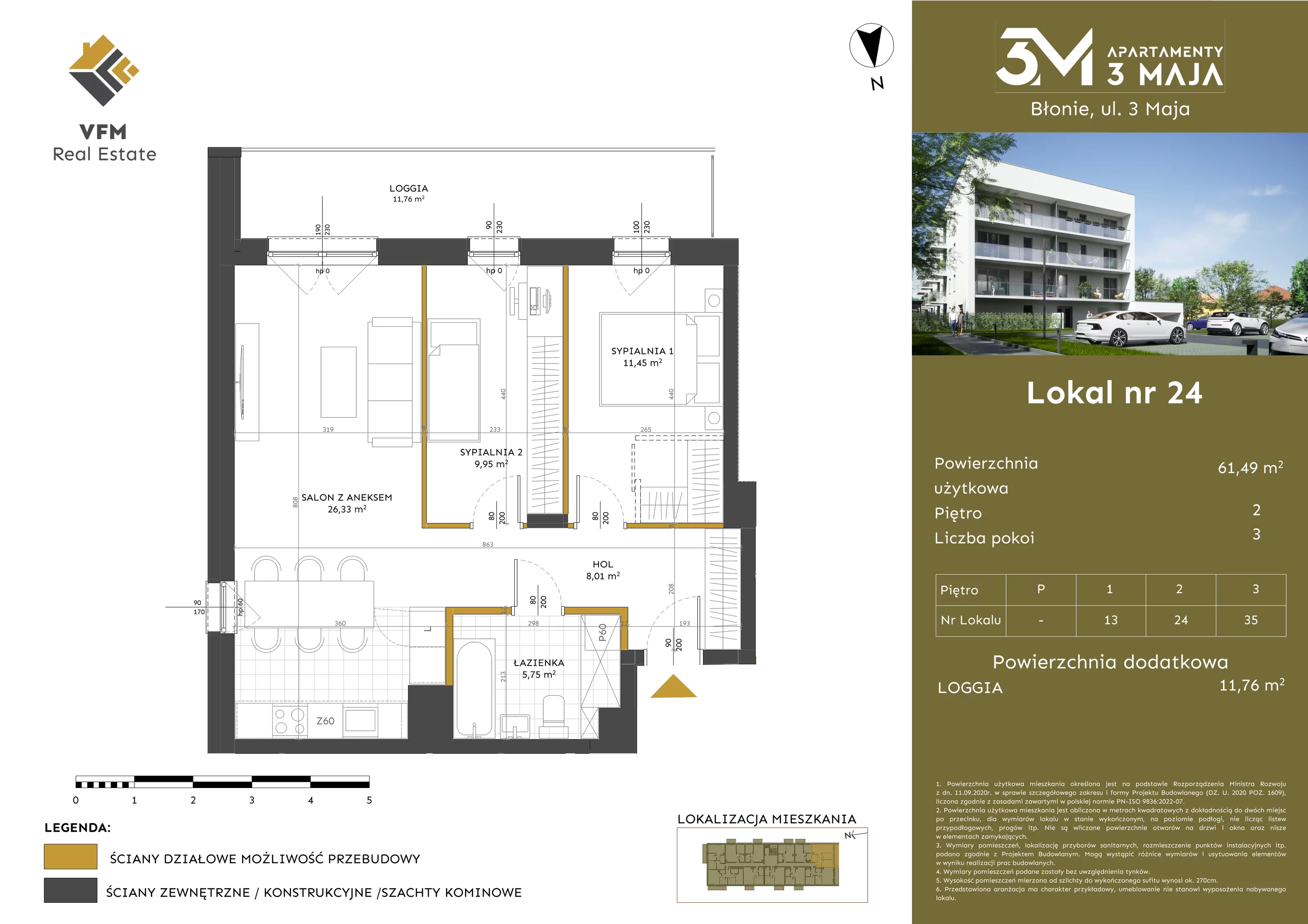 3 pokoje, mieszkanie 61,49 m², piętro 2, oferta nr 24, Apartamenty 3 Maja, Błonie, ul. 3 Maja