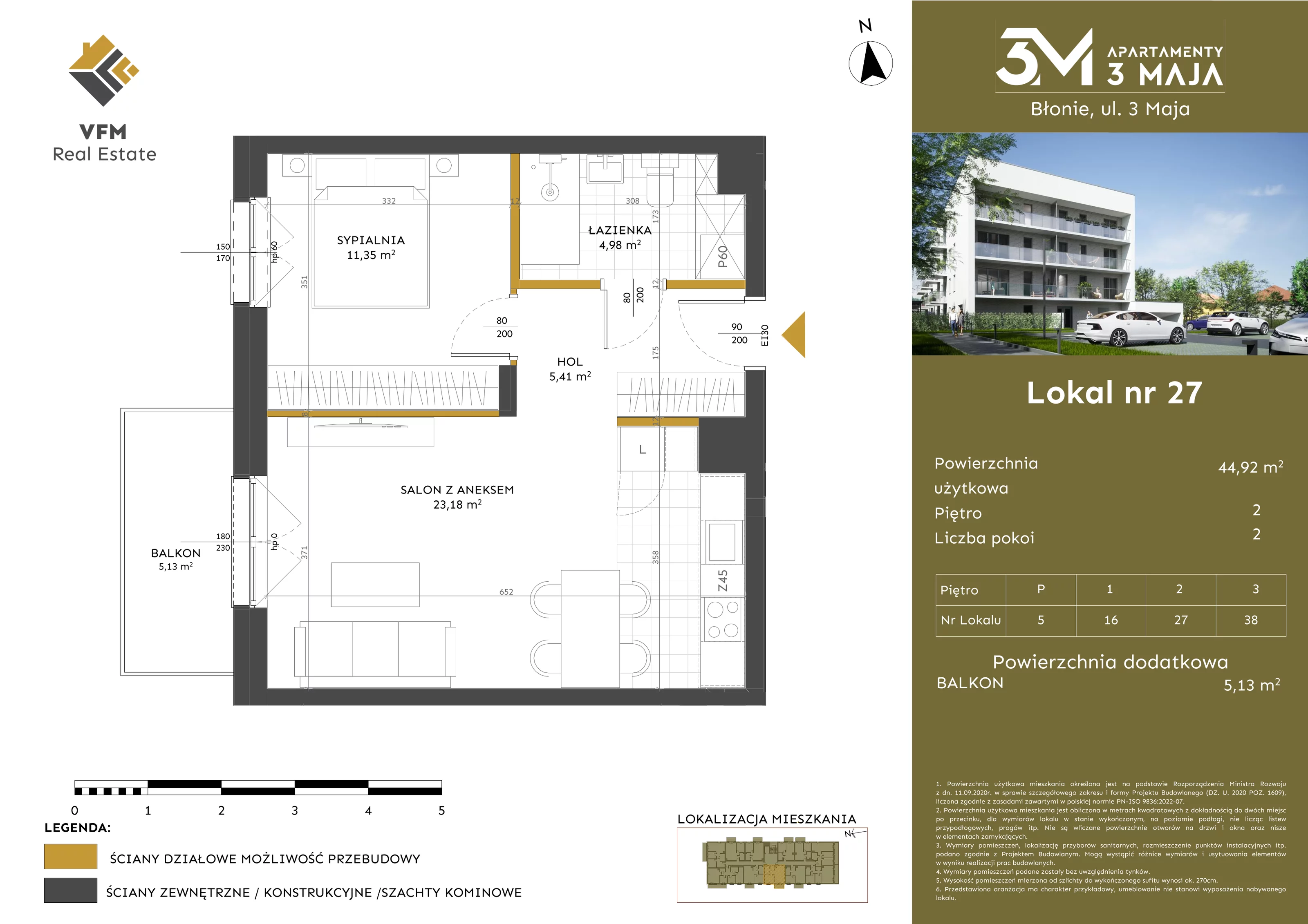 2 pokoje, mieszkanie 44,92 m², piętro 2, oferta nr 27, Apartamenty 3 Maja, Błonie, ul. 3 Maja