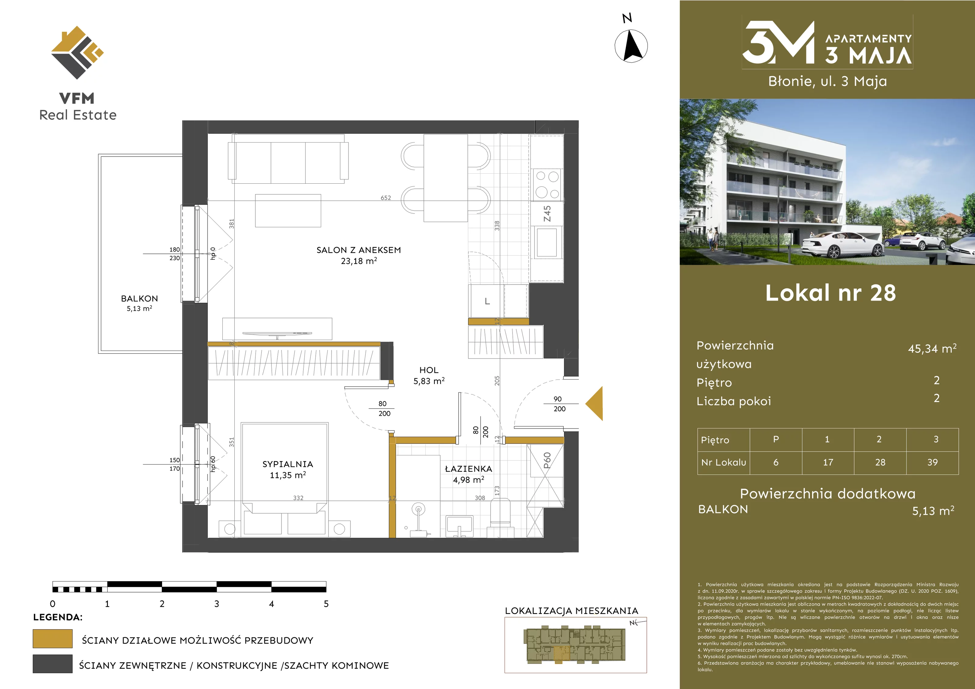 2 pokoje, mieszkanie 45,34 m², piętro 2, oferta nr 28, Apartamenty 3 Maja, Błonie, ul. 3 Maja