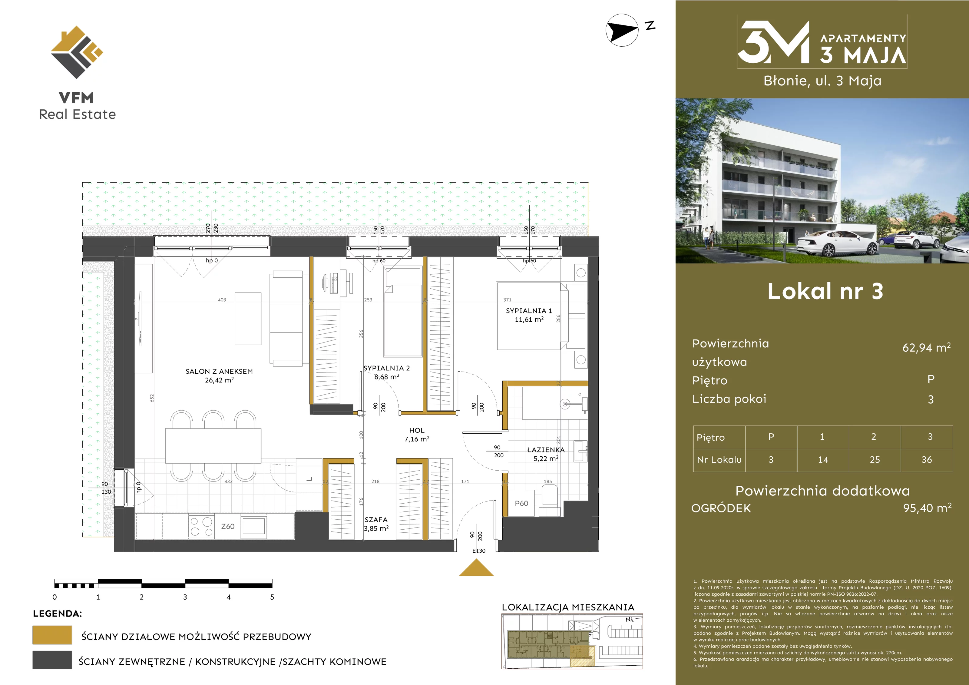 3 pokoje, mieszkanie 62,94 m², parter, oferta nr 3, Apartamenty 3 Maja, Błonie, ul. 3 Maja