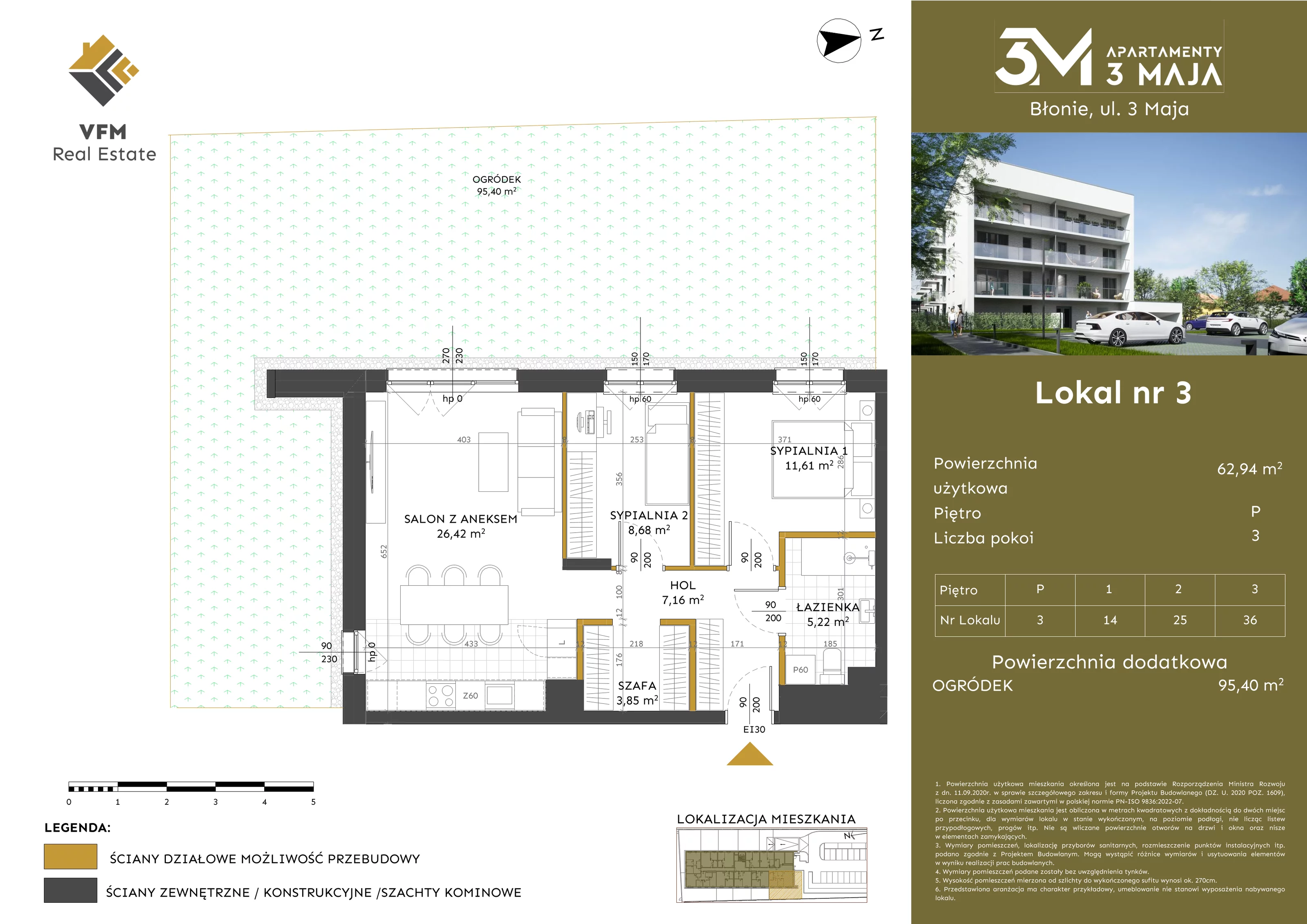 3 pokoje, mieszkanie 62,94 m², parter, oferta nr 3, Apartamenty 3 Maja, Błonie, ul. 3 Maja