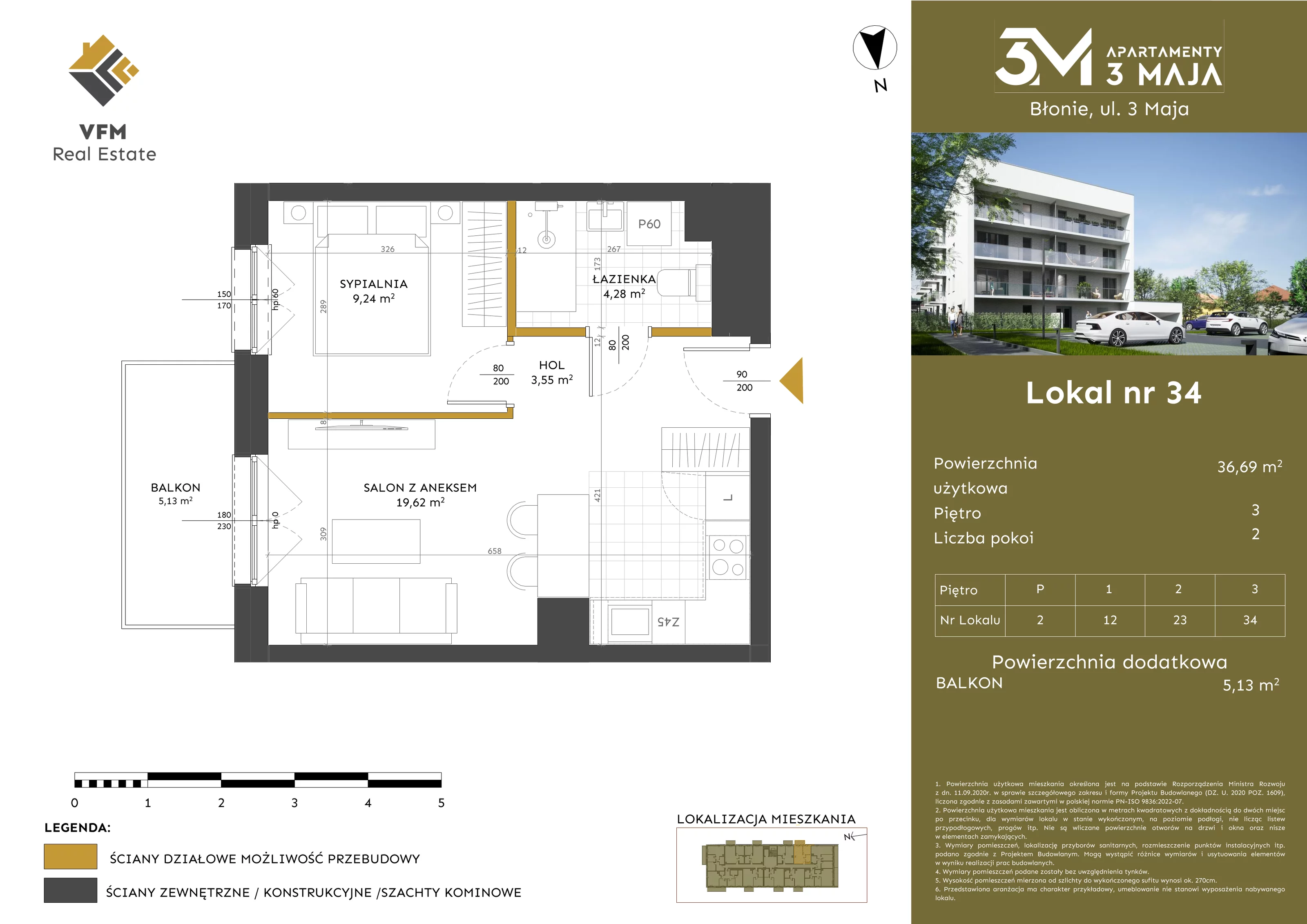 2 pokoje, mieszkanie 36,69 m², piętro 3, oferta nr 34, Apartamenty 3 Maja, Błonie, ul. 3 Maja