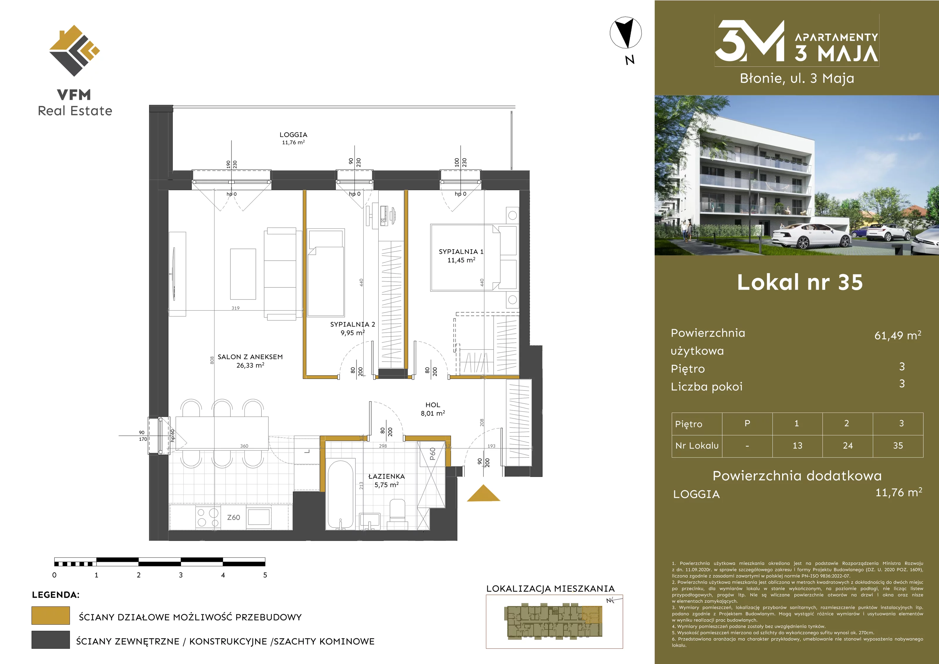 3 pokoje, mieszkanie 61,49 m², piętro 3, oferta nr 35, Apartamenty 3 Maja, Błonie, ul. 3 Maja