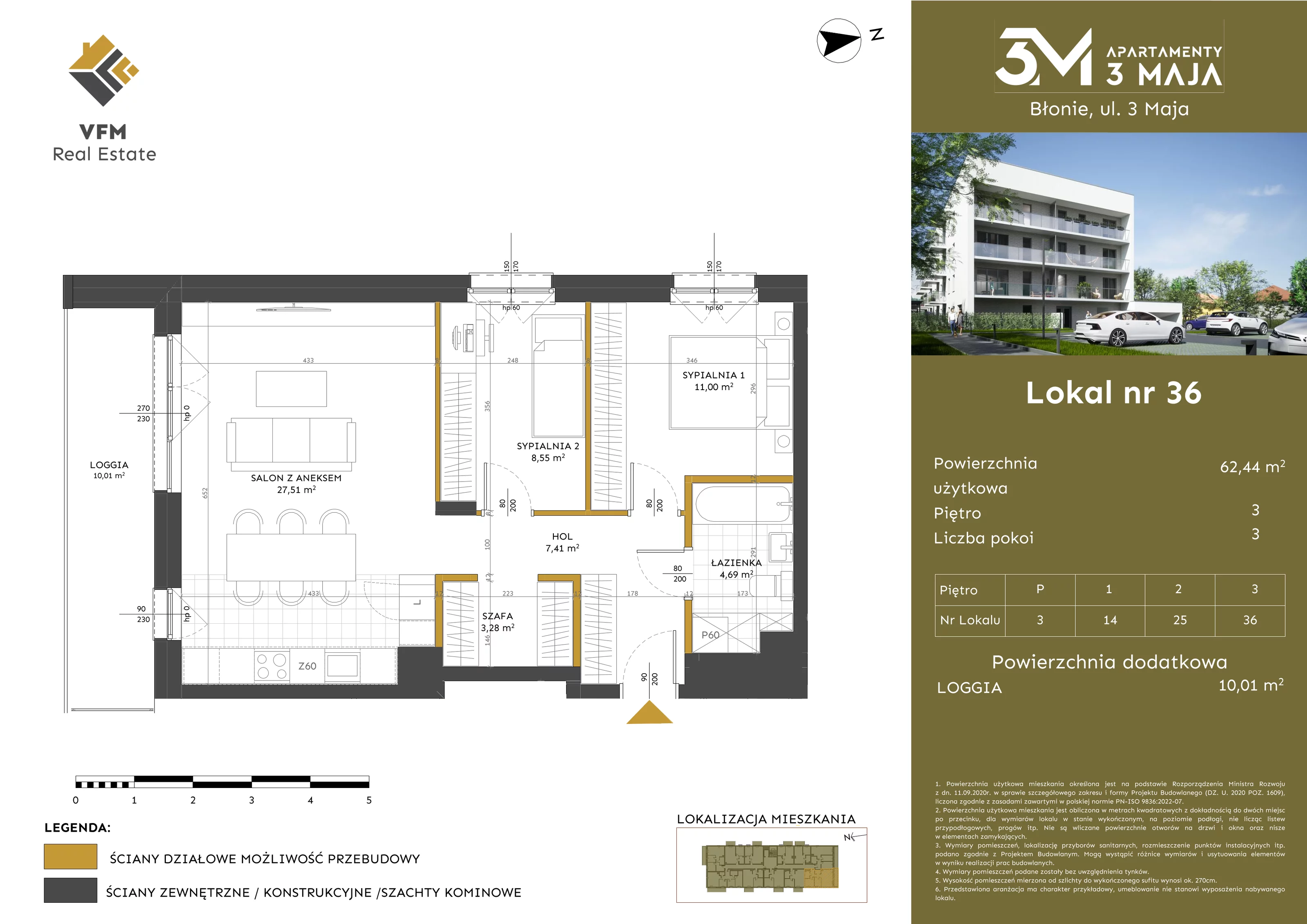 3 pokoje, mieszkanie 62,44 m², piętro 3, oferta nr 36, Apartamenty 3 Maja, Błonie, ul. 3 Maja