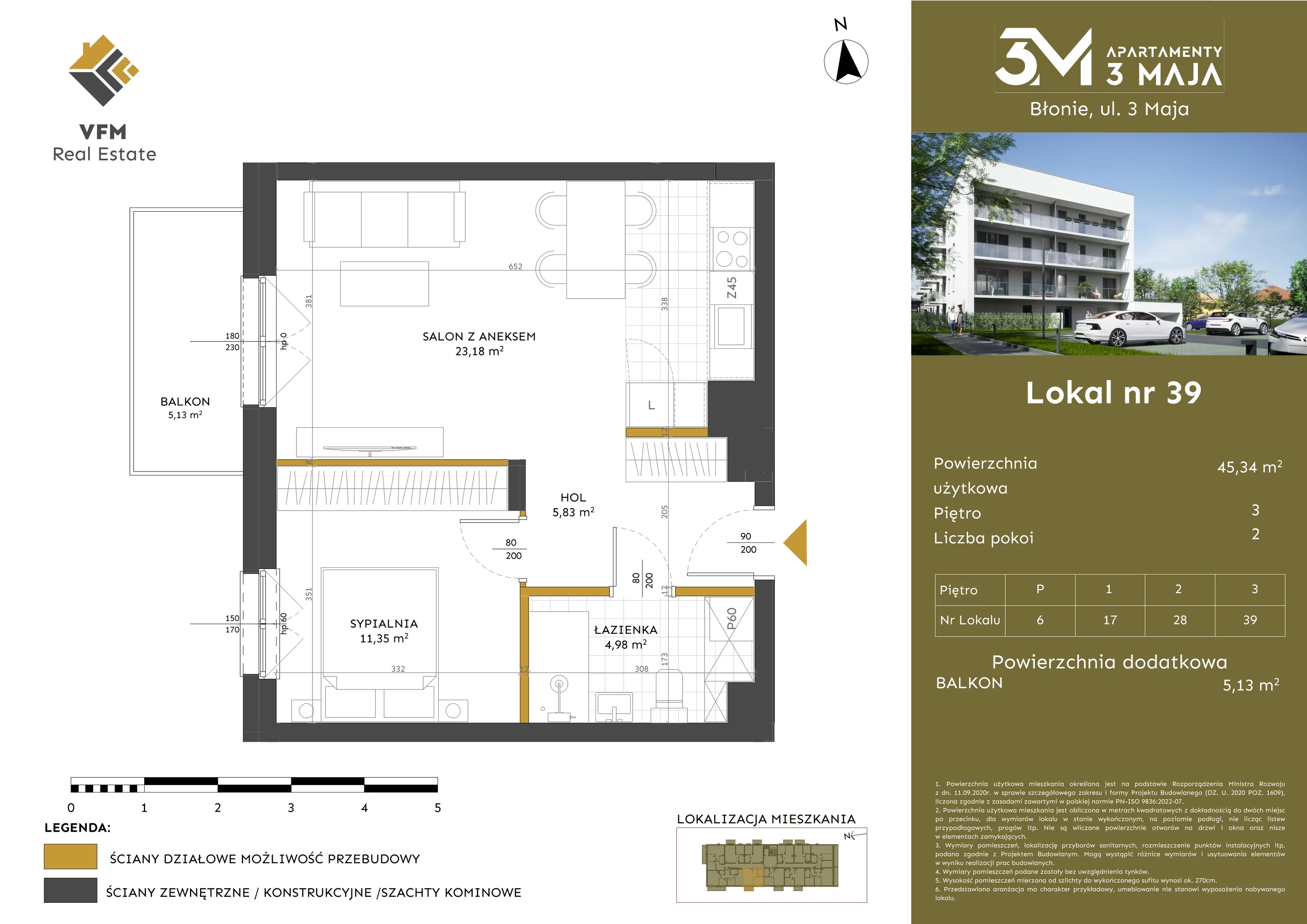 2 pokoje, mieszkanie 45,34 m², piętro 3, oferta nr 39, Apartamenty 3 Maja, Błonie, ul. 3 Maja