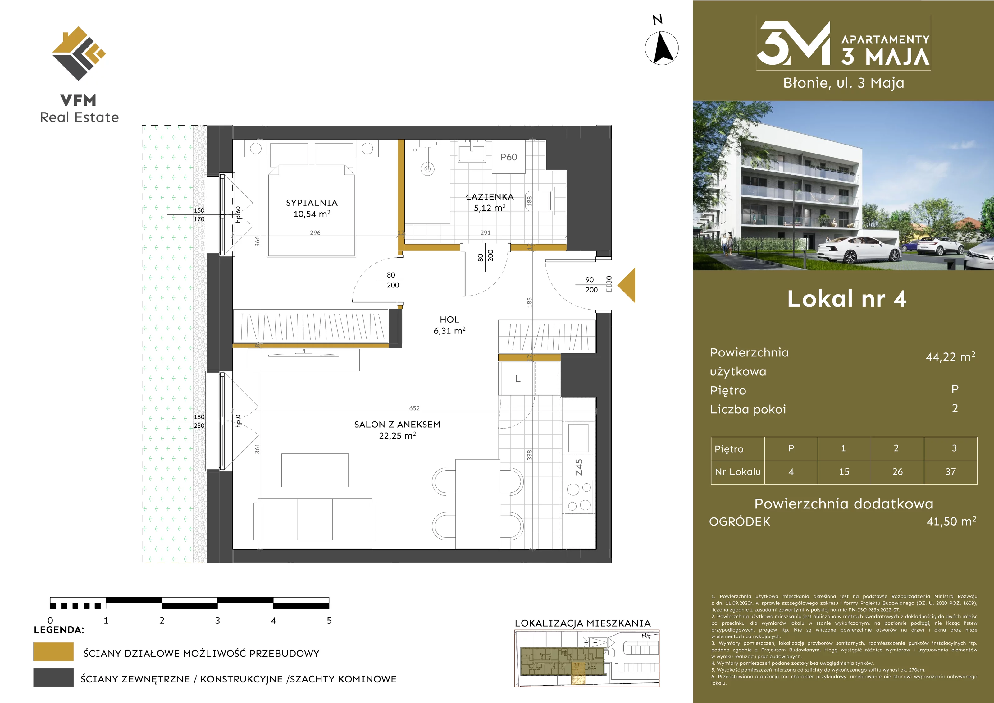 2 pokoje, mieszkanie 44,22 m², parter, oferta nr 4, Apartamenty 3 Maja, Błonie, ul. 3 Maja