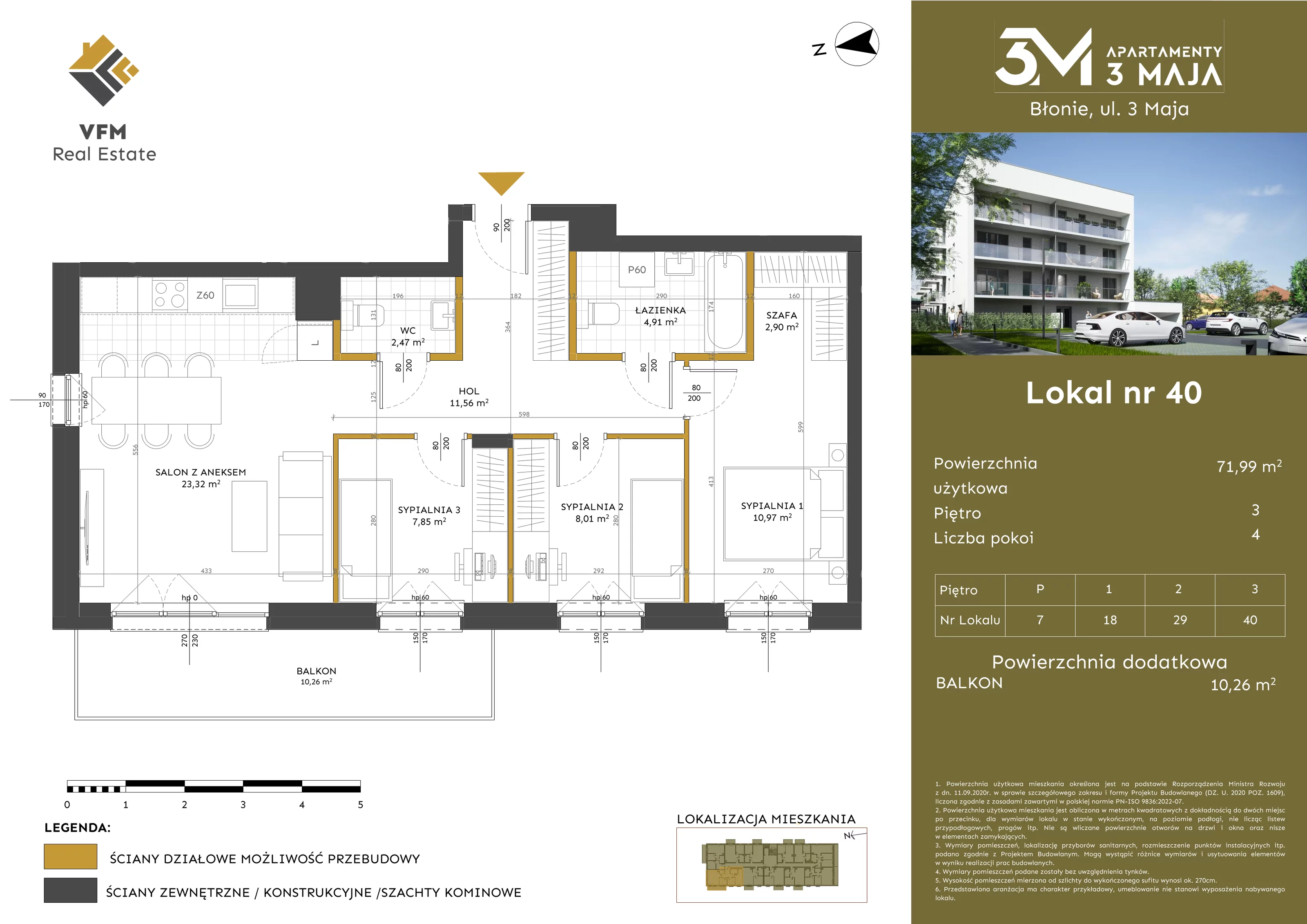 4 pokoje, mieszkanie 71,99 m², piętro 3, oferta nr 40, Apartamenty 3 Maja, Błonie, ul. 3 Maja