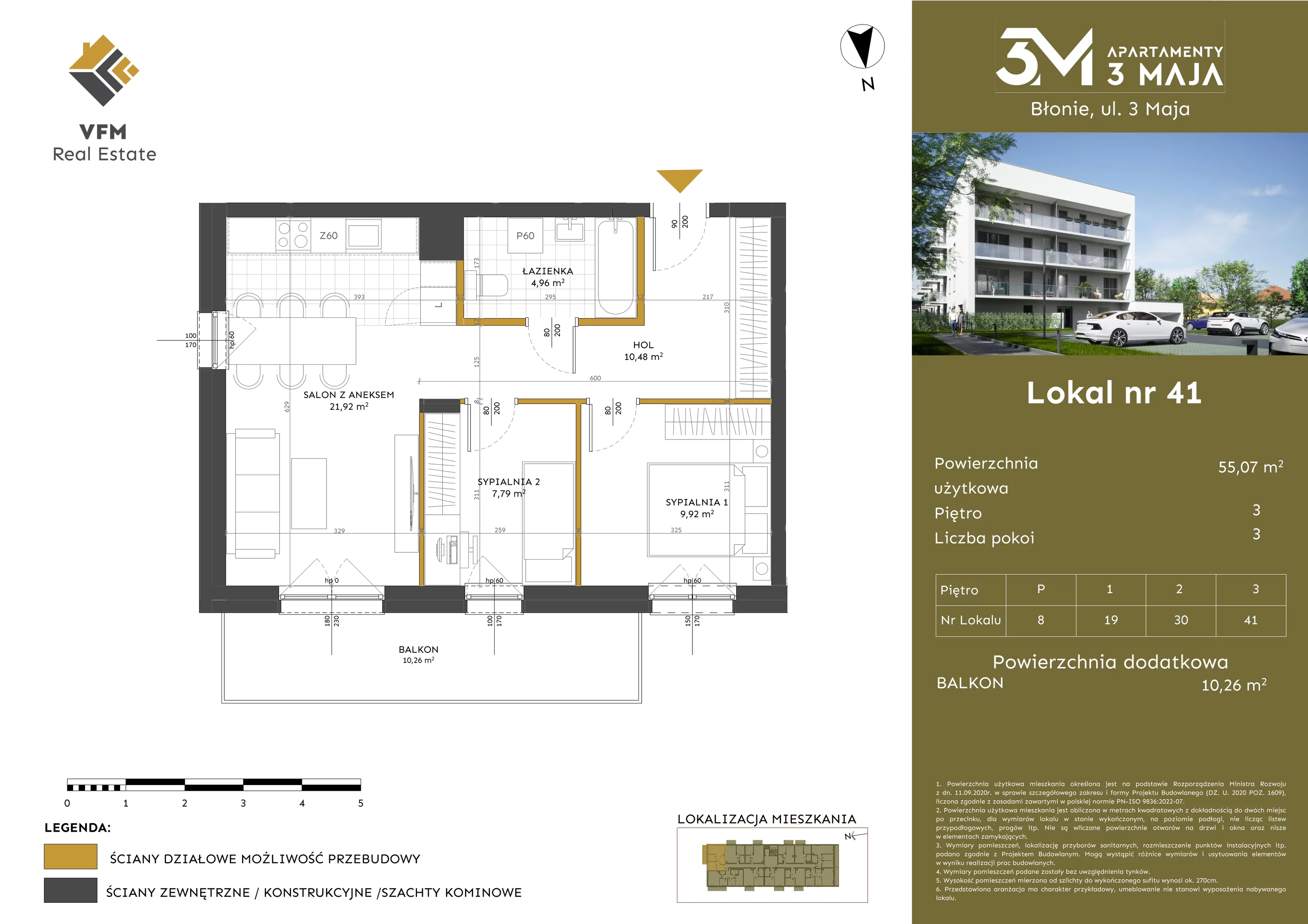 3 pokoje, mieszkanie 55,07 m², piętro 3, oferta nr 41, Apartamenty 3 Maja, Błonie, ul. 3 Maja