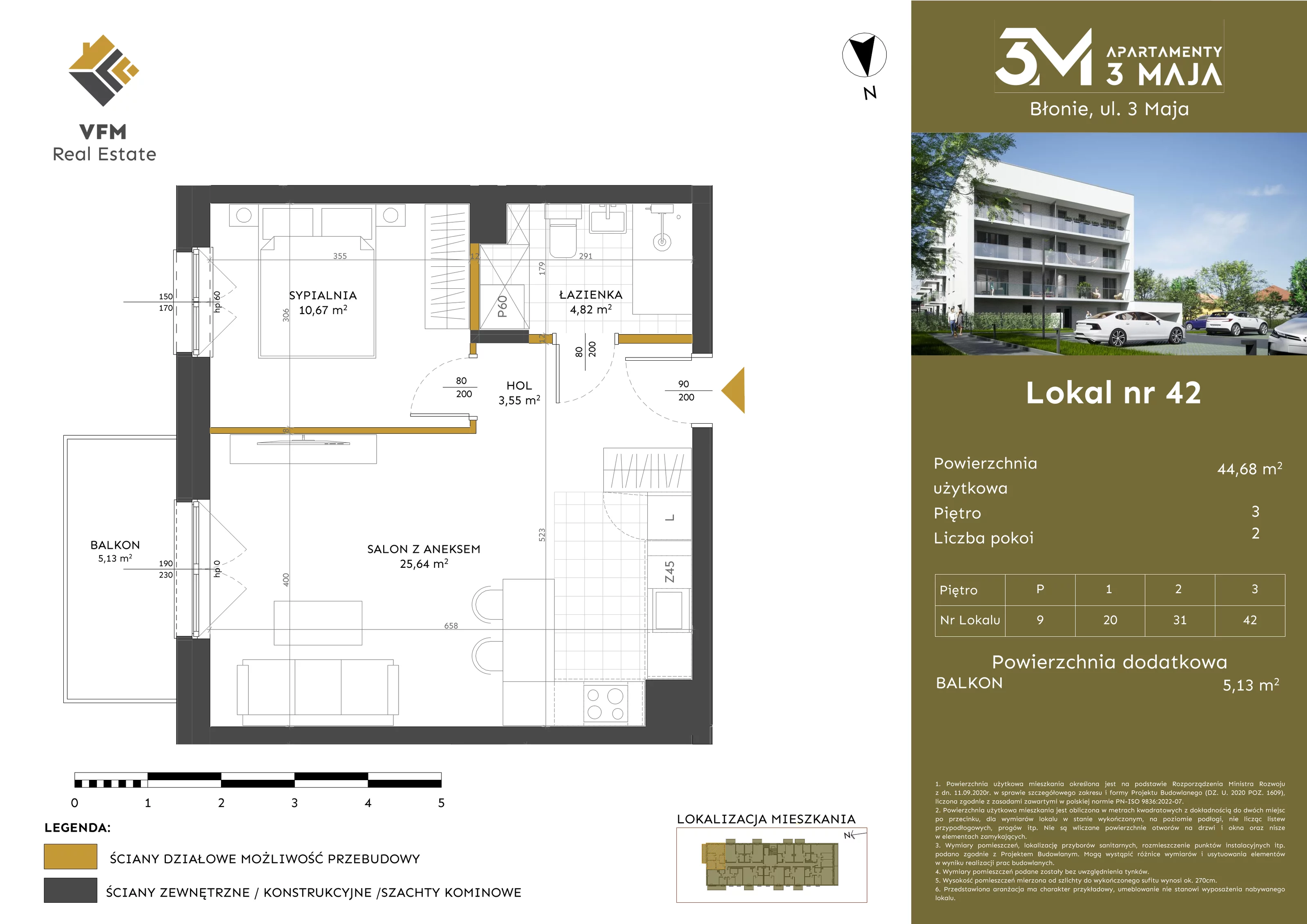 2 pokoje, mieszkanie 44,68 m², piętro 3, oferta nr 42, Apartamenty 3 Maja, Błonie, ul. 3 Maja