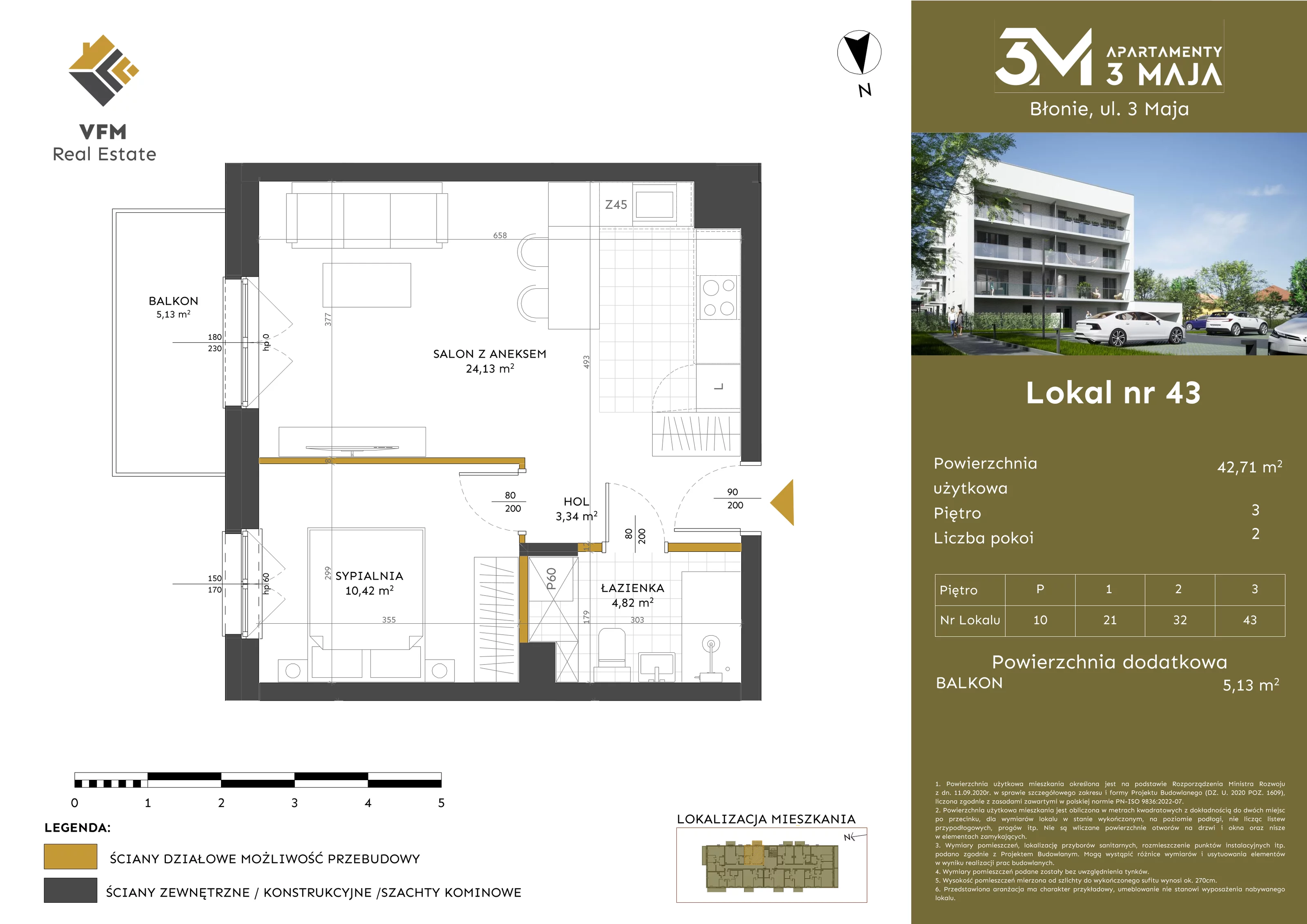 2 pokoje, mieszkanie 42,71 m², piętro 3, oferta nr 43, Apartamenty 3 Maja, Błonie, ul. 3 Maja