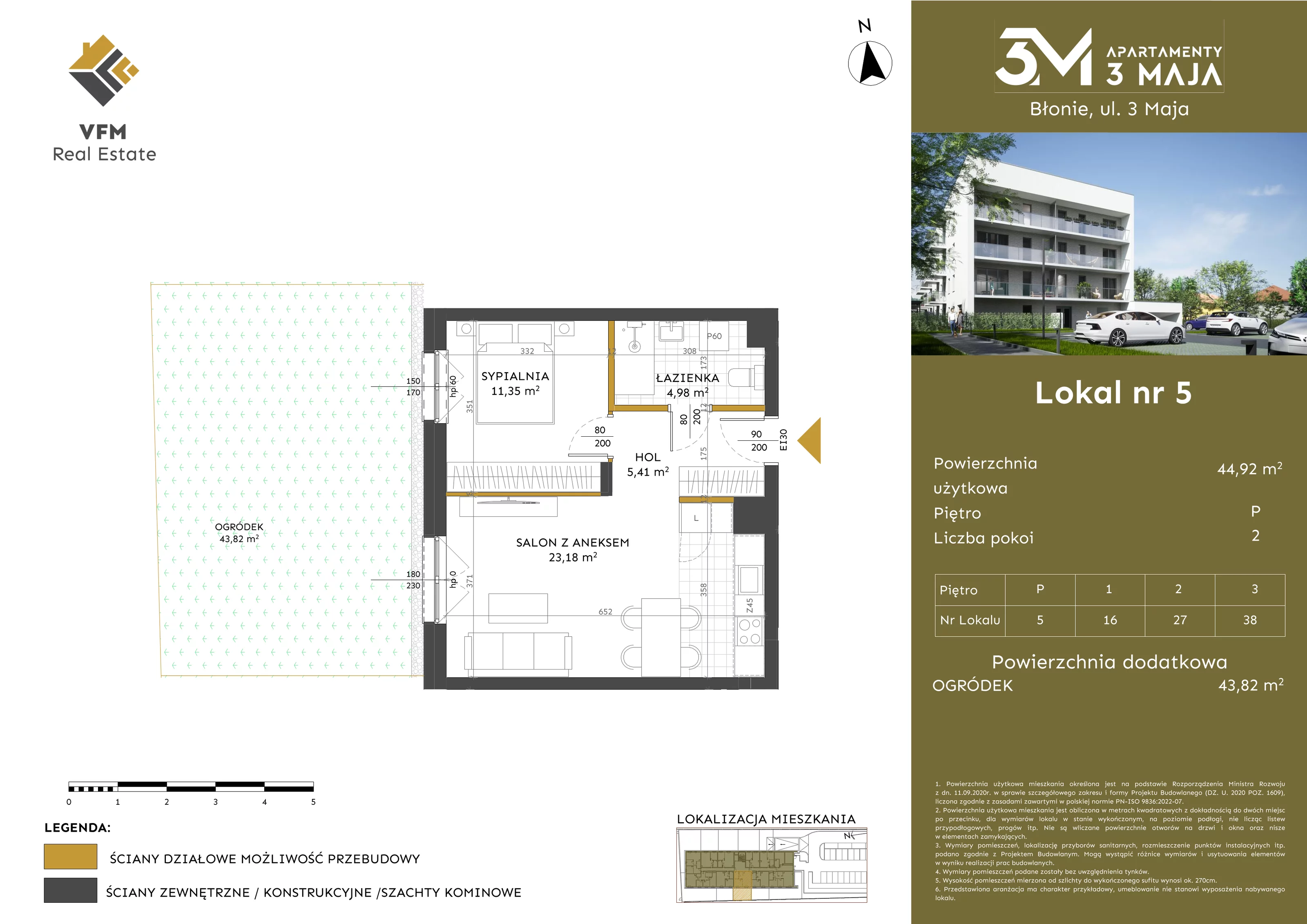 2 pokoje, mieszkanie 44,92 m², parter, oferta nr 5, Apartamenty 3 Maja, Błonie, ul. 3 Maja