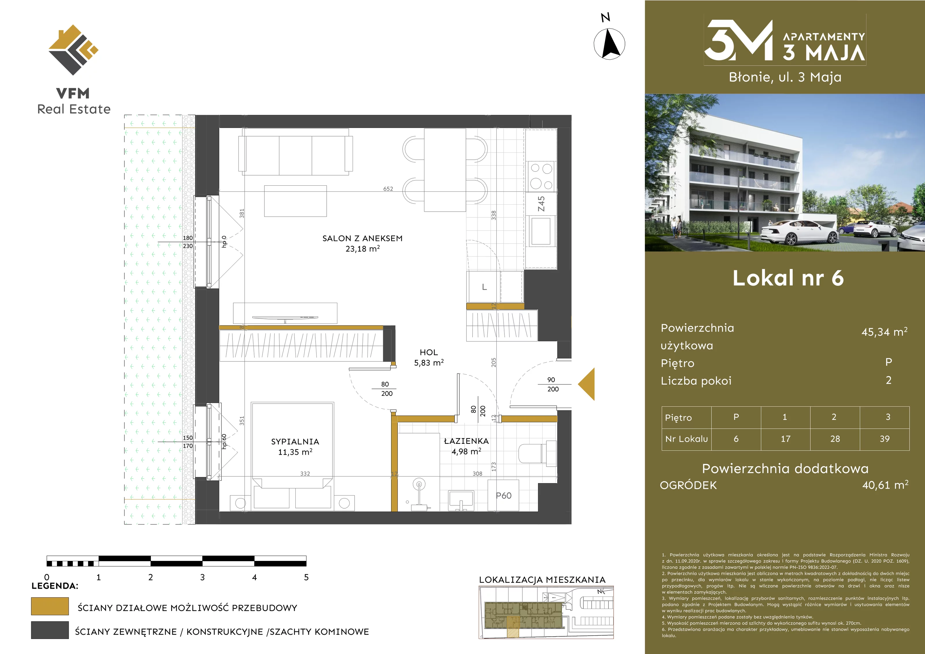 2 pokoje, mieszkanie 45,34 m², parter, oferta nr 6, Apartamenty 3 Maja, Błonie, ul. 3 Maja