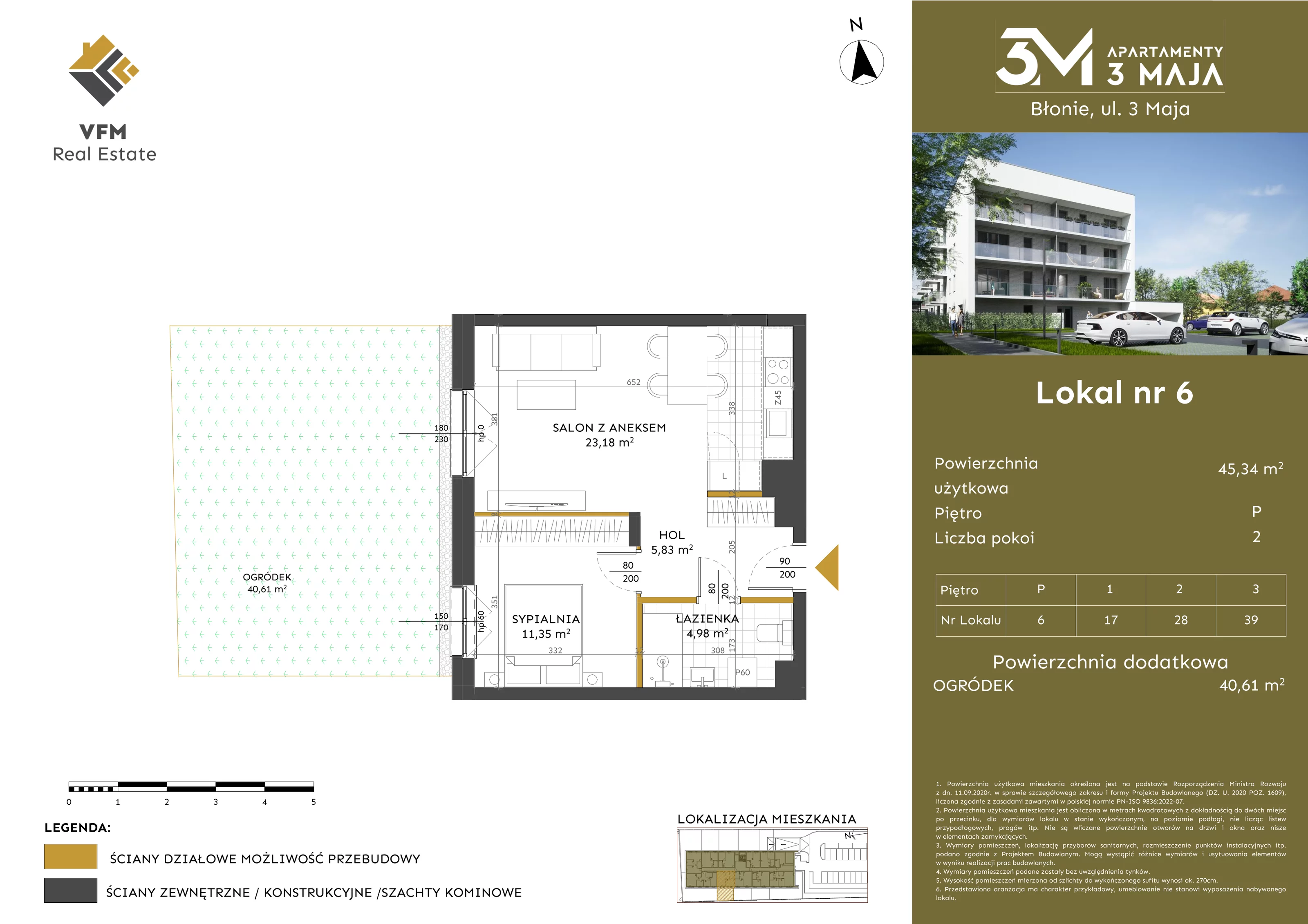 2 pokoje, mieszkanie 45,34 m², parter, oferta nr 6, Apartamenty 3 Maja, Błonie, ul. 3 Maja