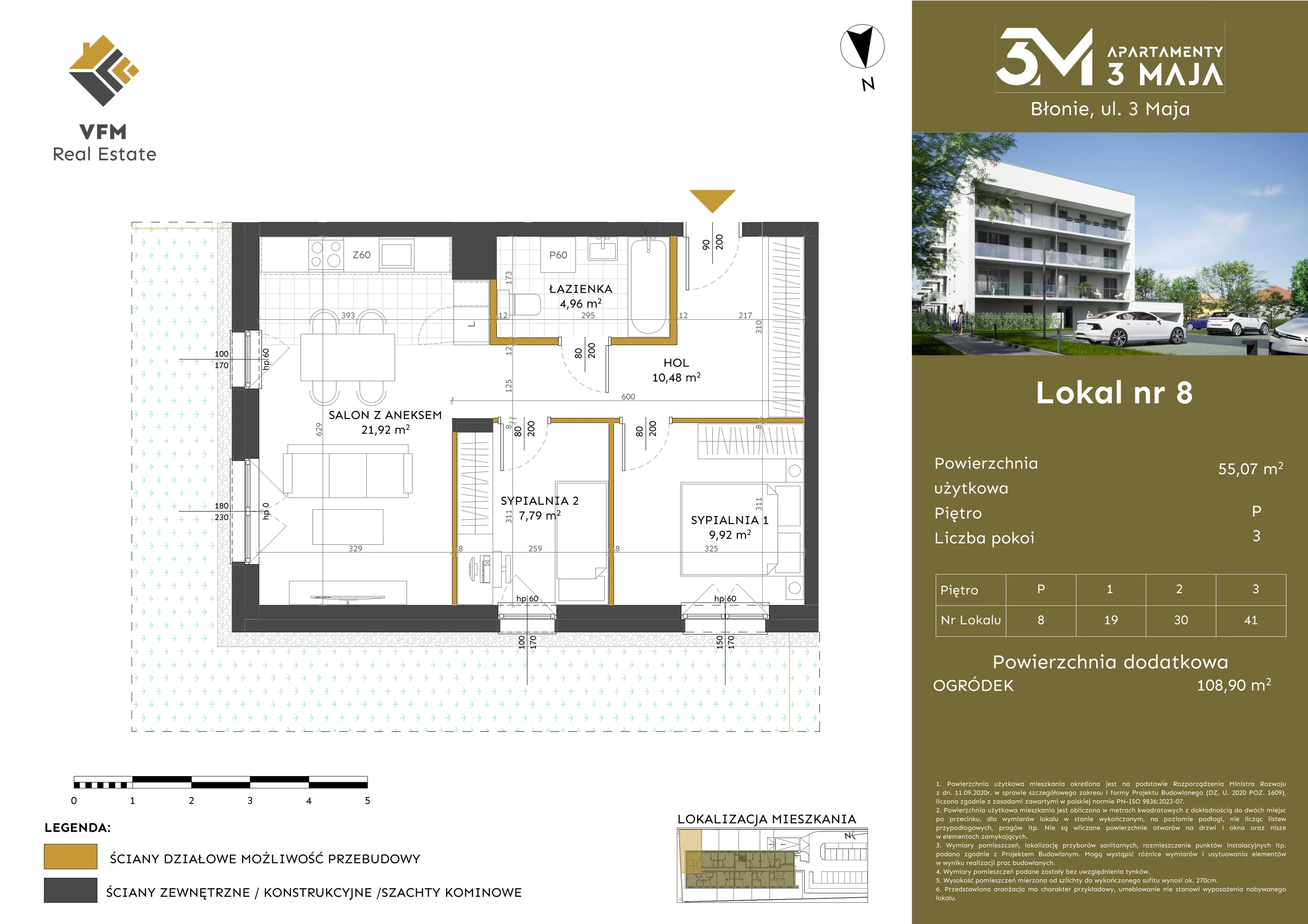 3 pokoje, mieszkanie 55,07 m², parter, oferta nr 8, Apartamenty 3 Maja, Błonie, ul. 3 Maja