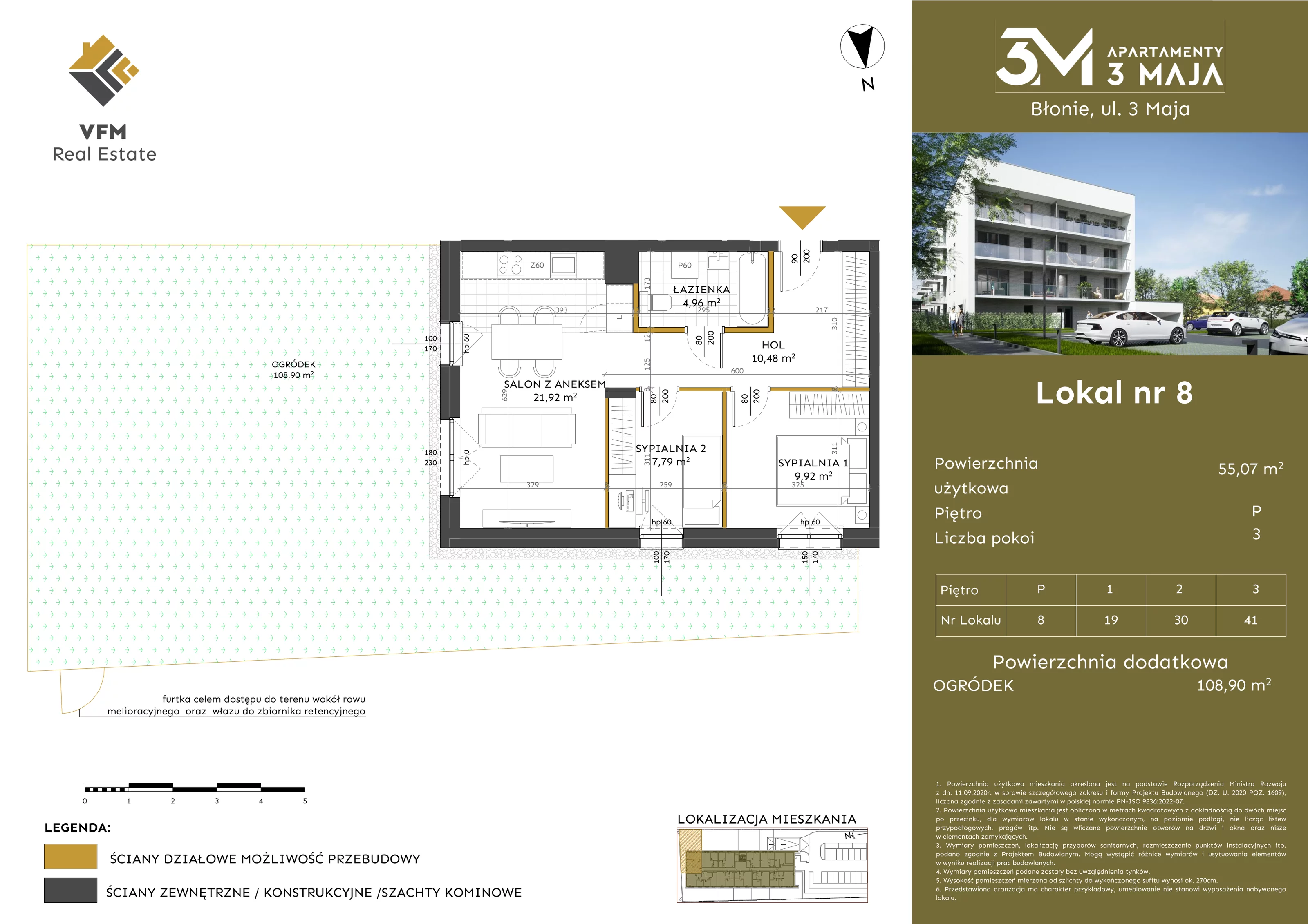3 pokoje, mieszkanie 55,07 m², parter, oferta nr 8, Apartamenty 3 Maja, Błonie, ul. 3 Maja
