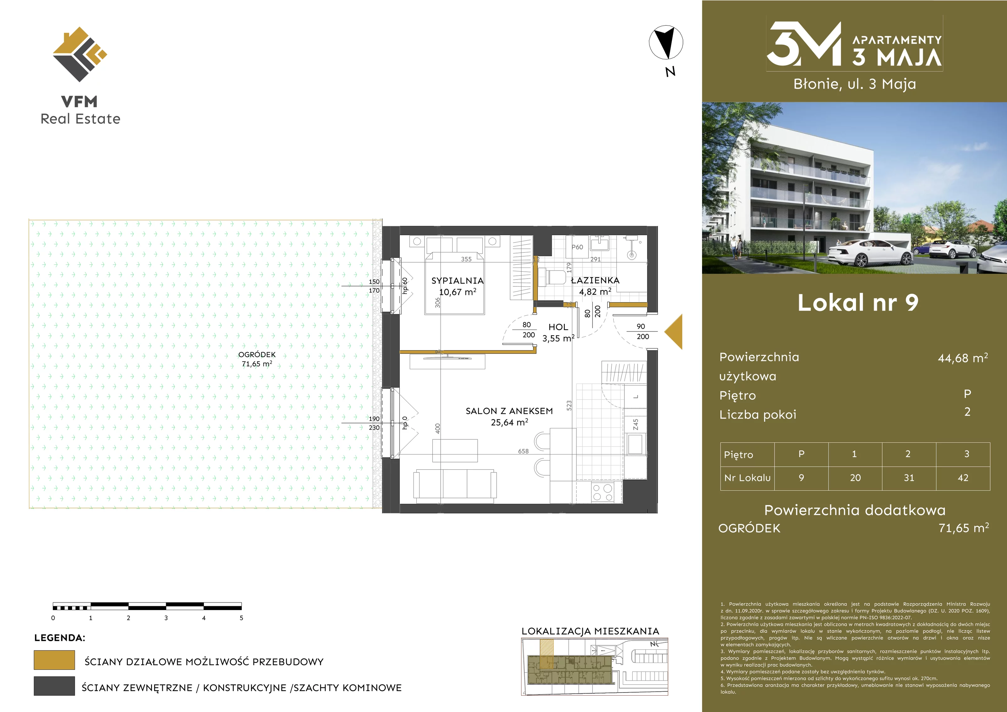 2 pokoje, mieszkanie 44,68 m², parter, oferta nr 9, Apartamenty 3 Maja, Błonie, ul. 3 Maja