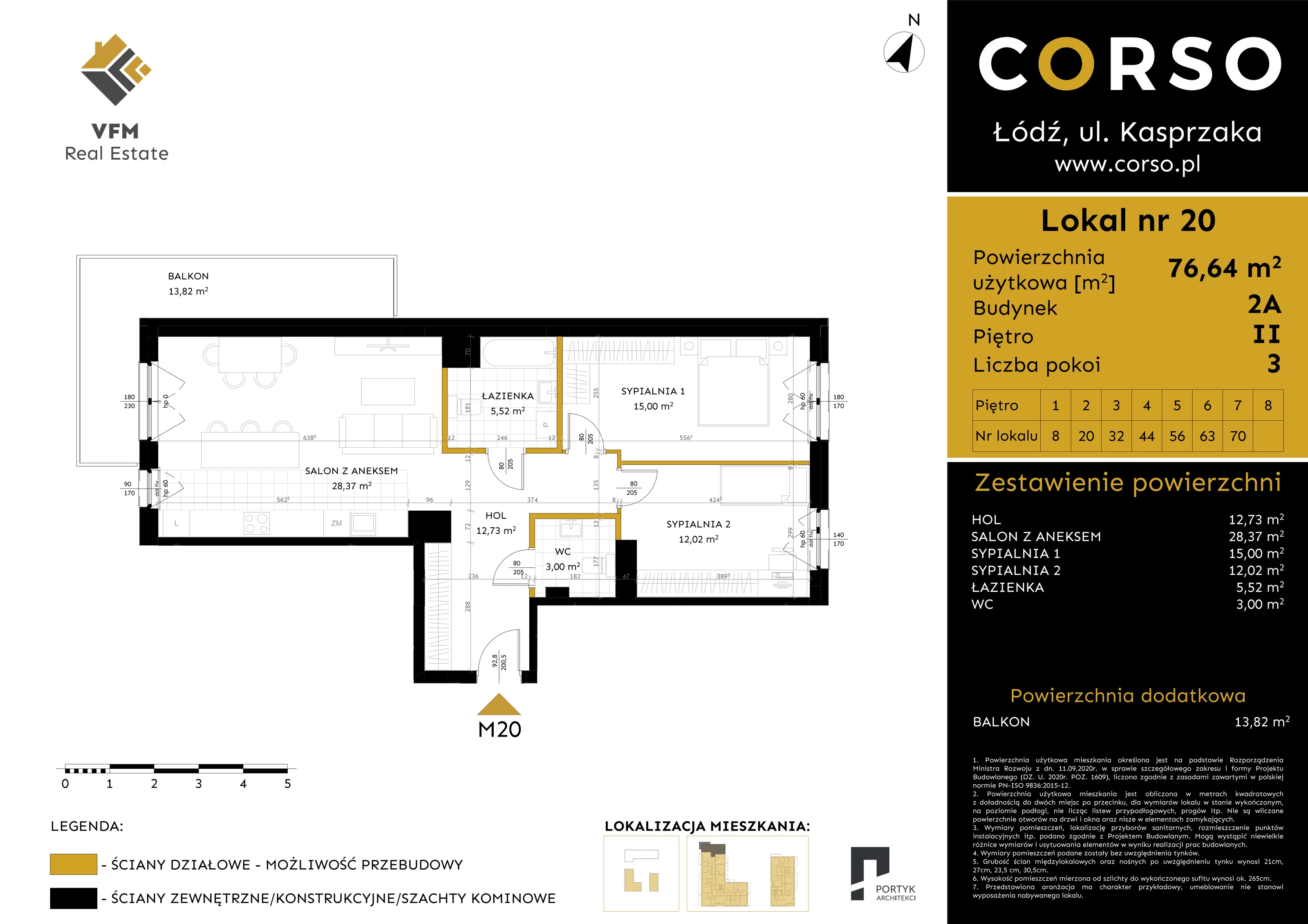 4 pokoje, mieszkanie 76,64 m², piętro 2, oferta nr 20, CORSO - etap 2A, Łódź, Polesie, Stare Polesie, ul. Kasprzaka 5