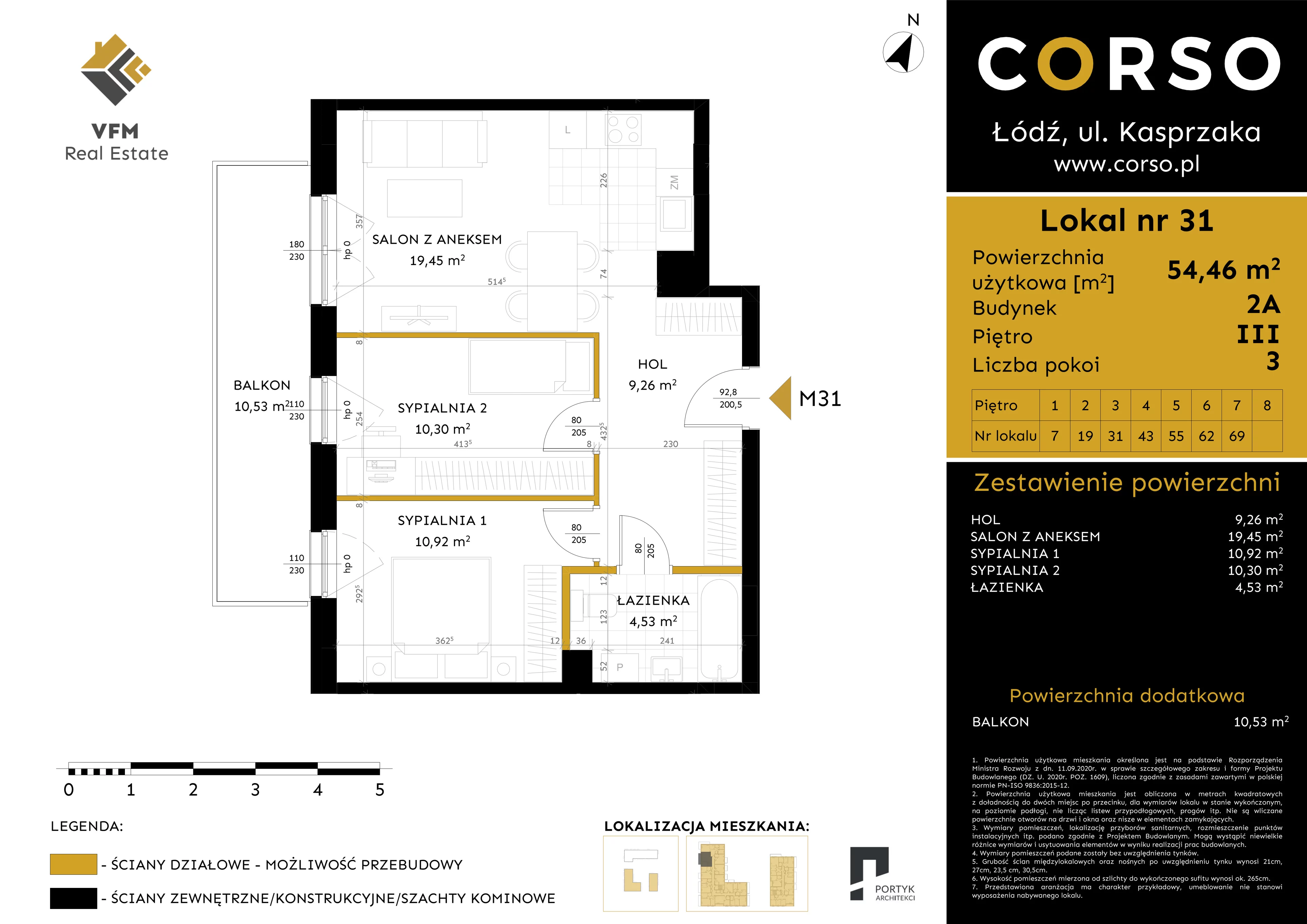 3 pokoje, mieszkanie 54,46 m², piętro 3, oferta nr 31, CORSO - etap 2A, Łódź, Polesie, Stare Polesie, ul. Kasprzaka 5