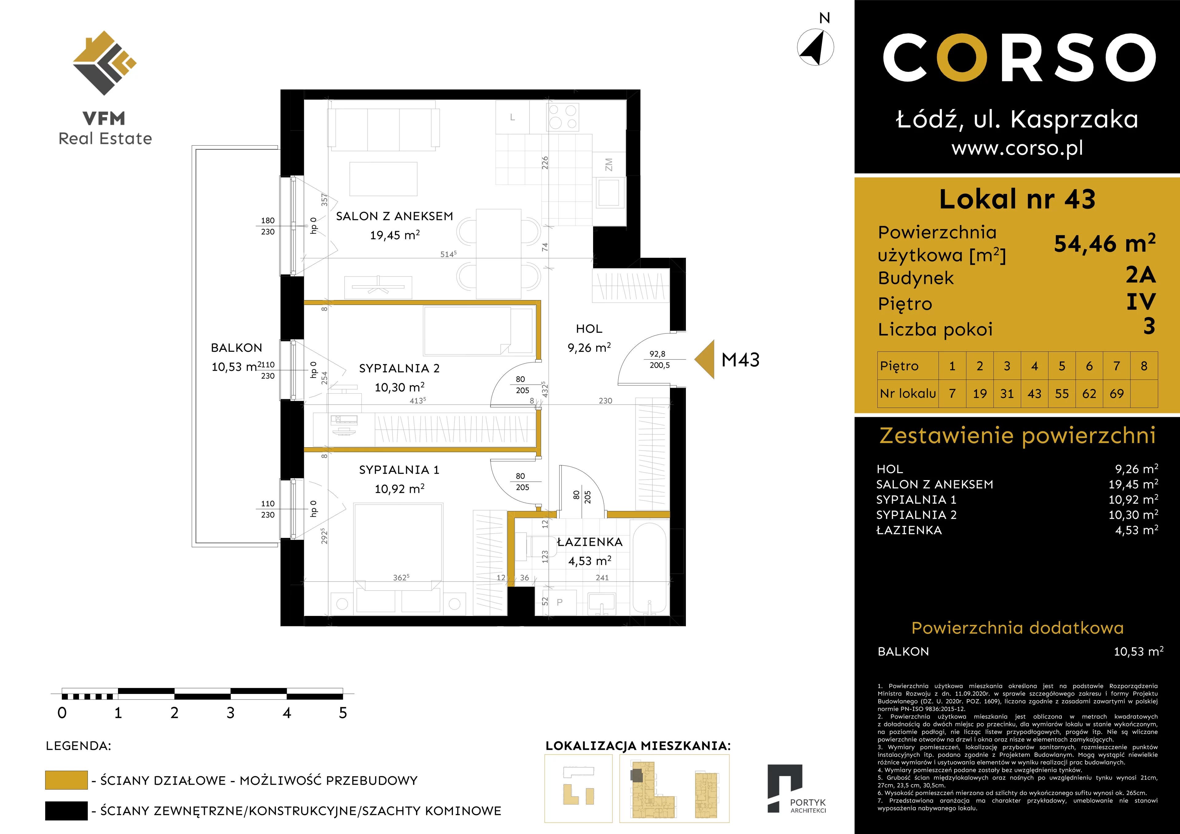 3 pokoje, mieszkanie 54,46 m², piętro 4, oferta nr 43, CORSO - etap 2A, Łódź, Polesie, Stare Polesie, ul. Kasprzaka 5