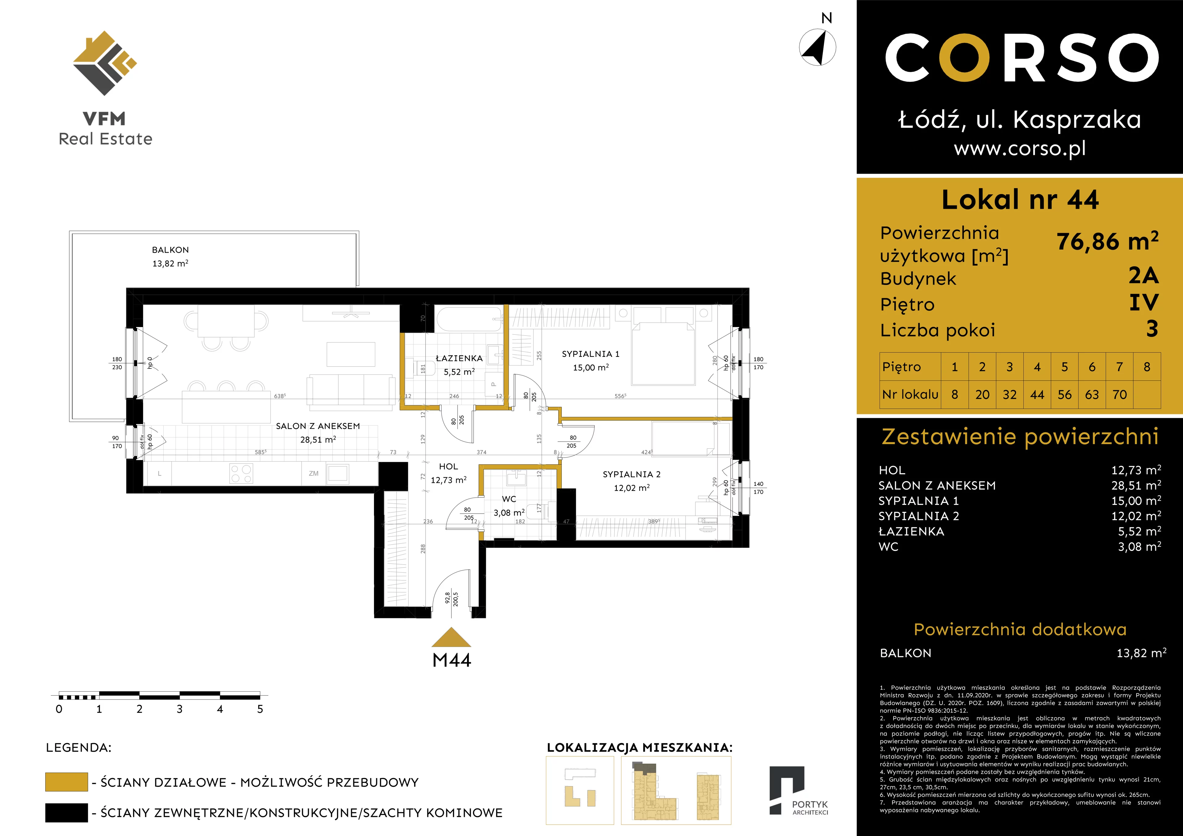 4 pokoje, mieszkanie 76,86 m², piętro 4, oferta nr 44, CORSO - etap 2A, Łódź, Polesie, Stare Polesie, ul. Kasprzaka 5