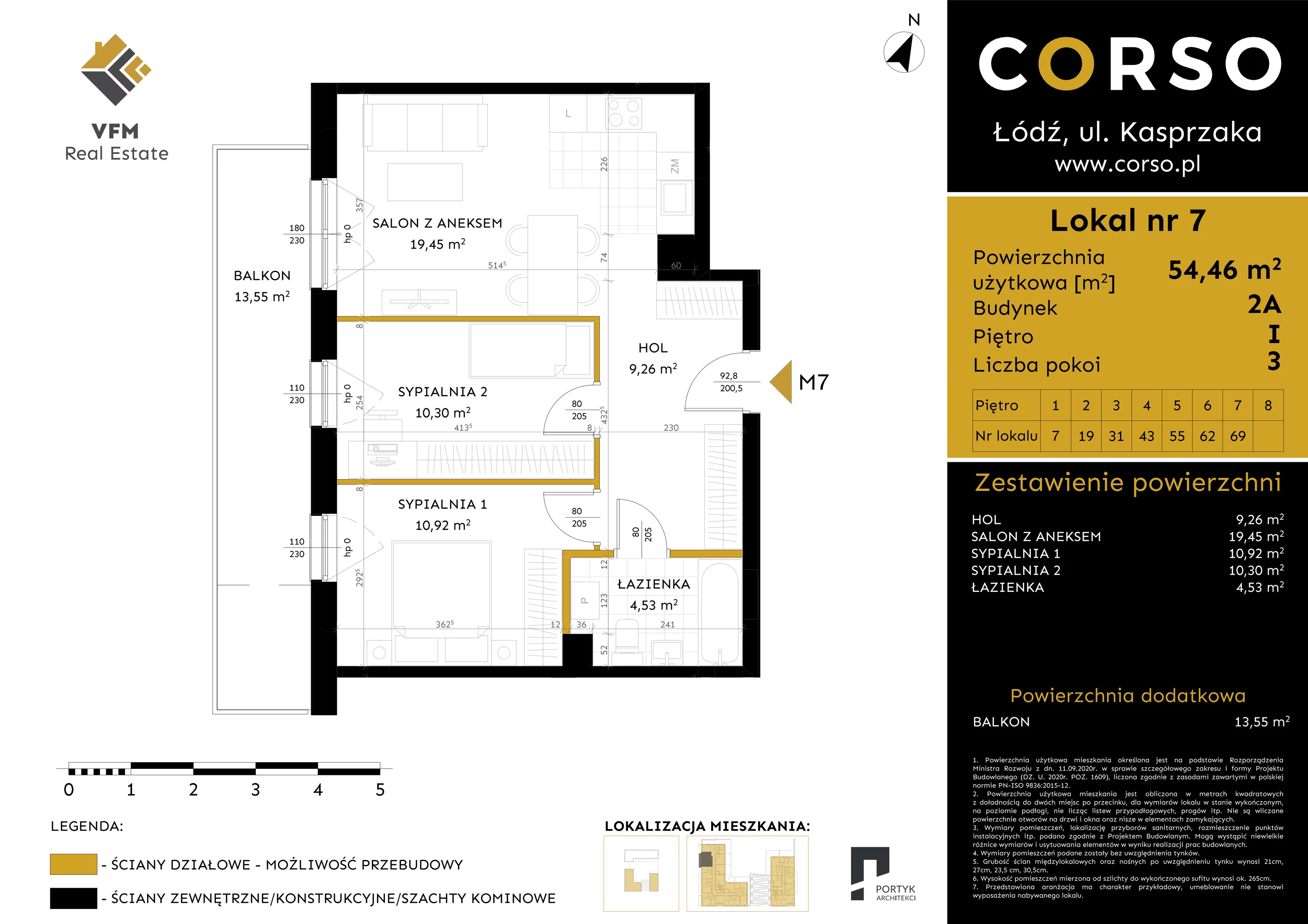 3 pokoje, mieszkanie 54,46 m², piętro 1, oferta nr 7, CORSO - etap 2A, Łódź, Polesie, Stare Polesie, ul. Kasprzaka 5
