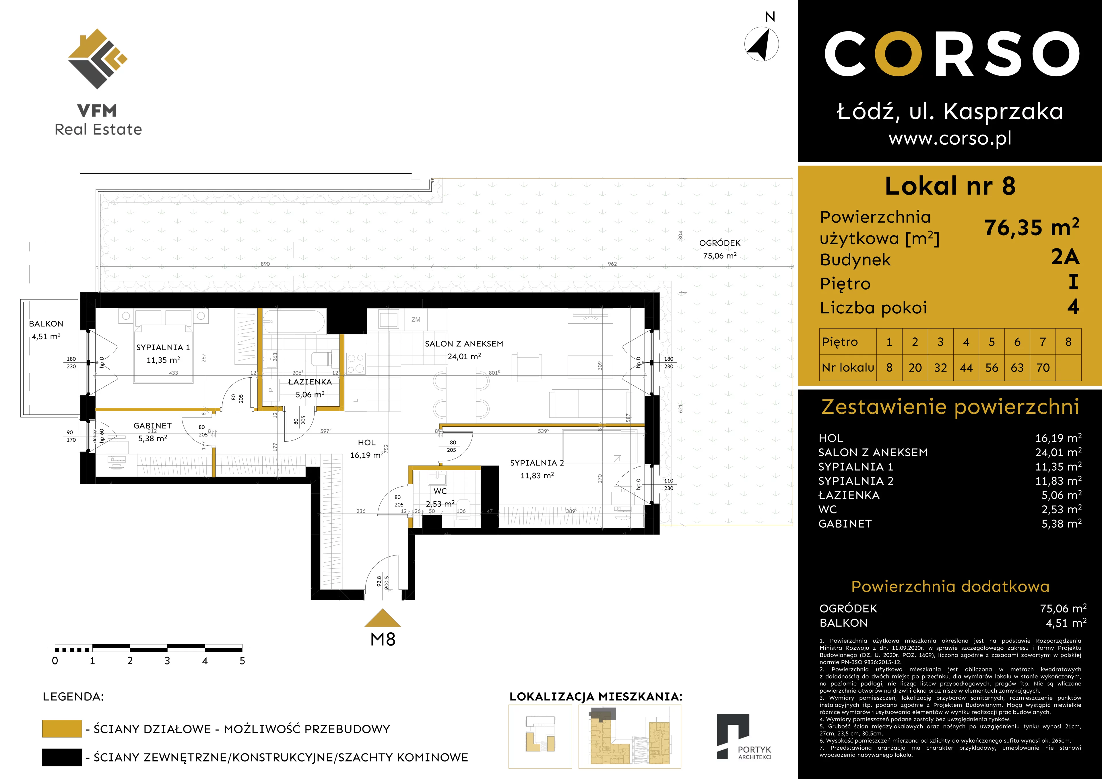 4 pokoje, mieszkanie 76,35 m², piętro 1, oferta nr 8, CORSO - etap 2A, Łódź, Polesie, Stare Polesie, ul. Kasprzaka 5