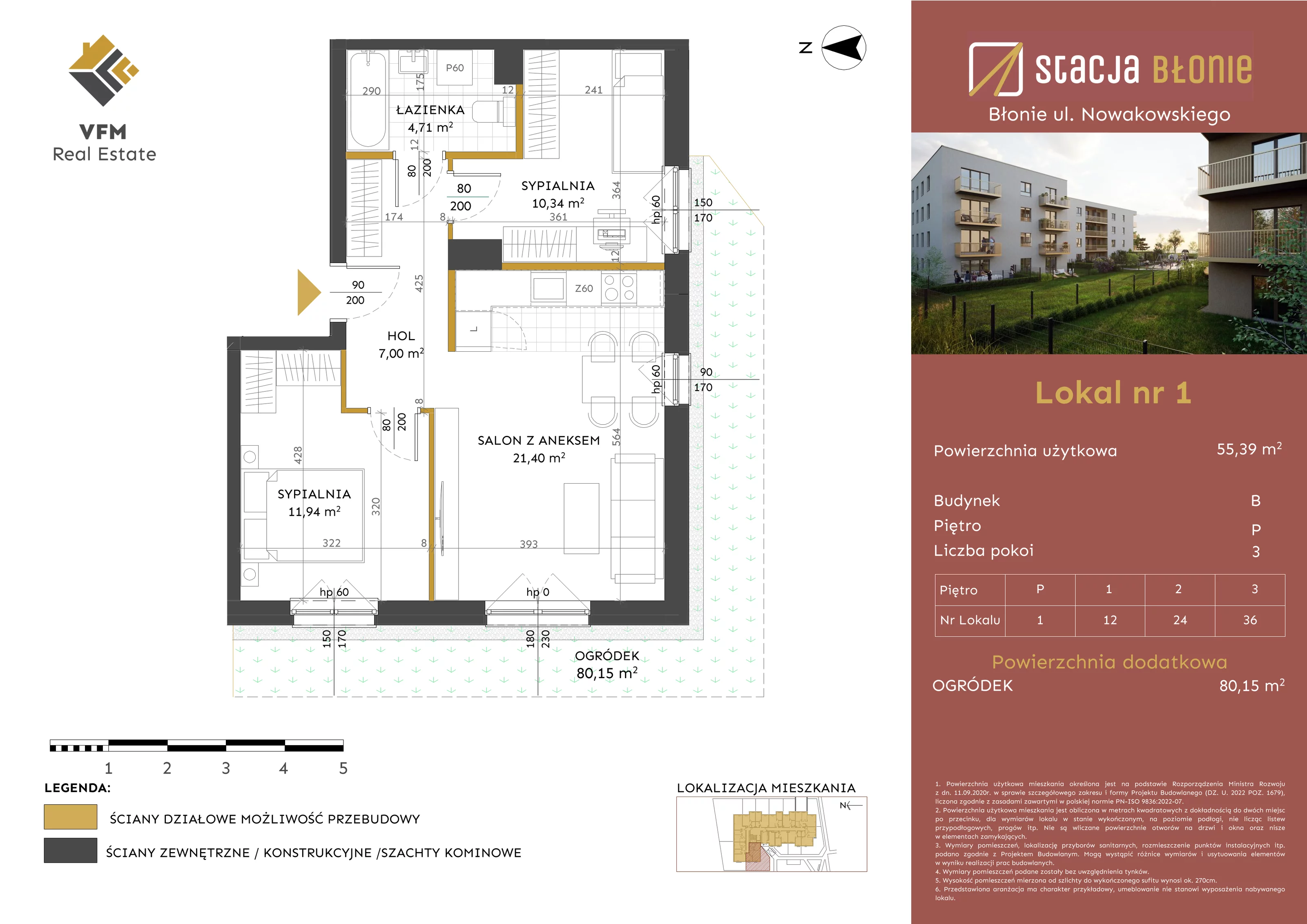 3 pokoje, mieszkanie 55,39 m², parter, oferta nr 1, Stacja Błonie Etap II, Błonie, ul. Nowakowskiego