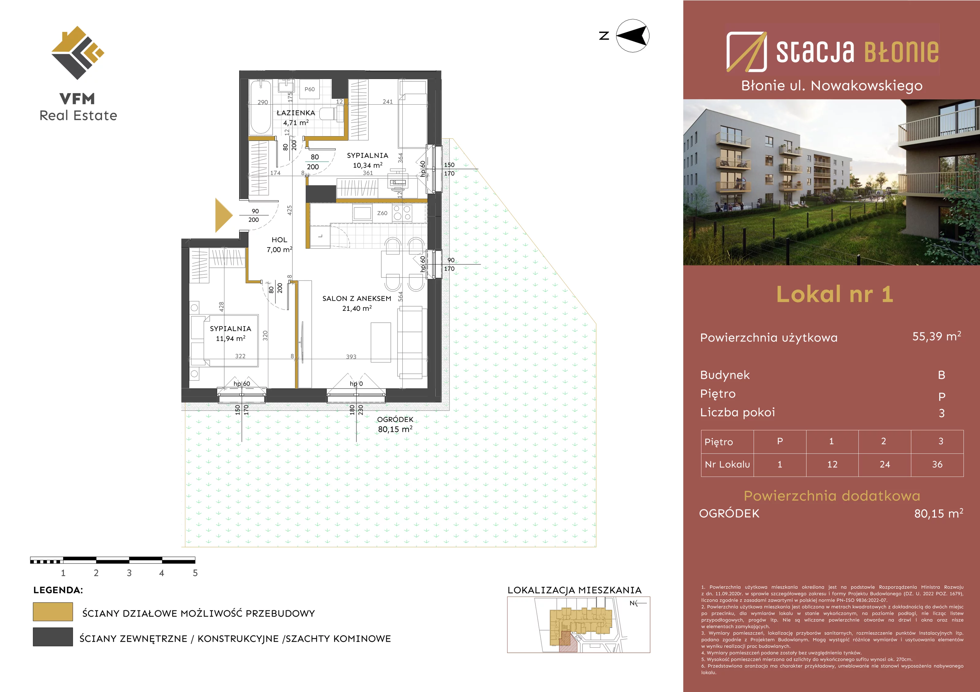 3 pokoje, mieszkanie 55,39 m², parter, oferta nr 1, Stacja Błonie Etap II, Błonie, ul. Nowakowskiego