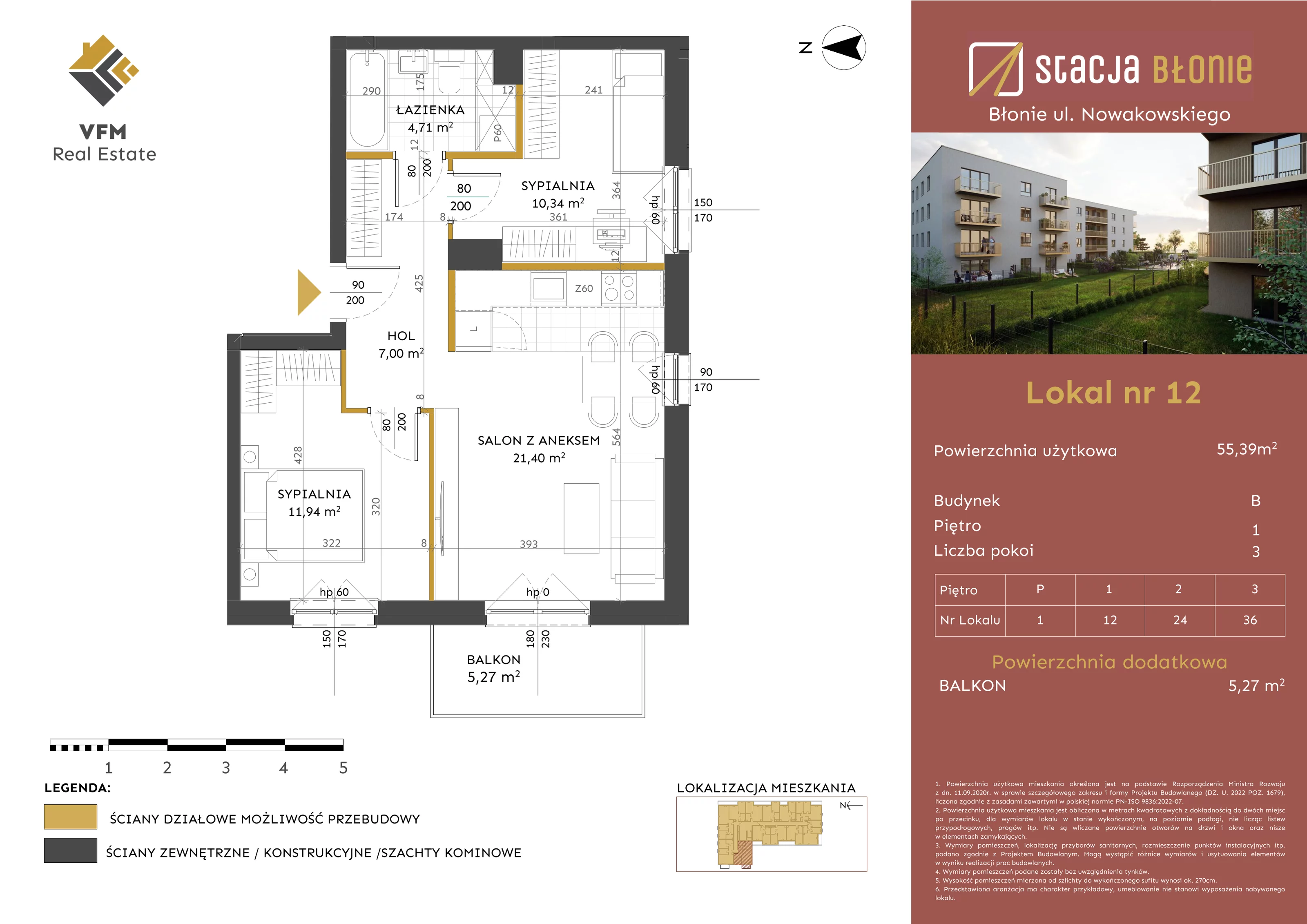 3 pokoje, mieszkanie 55,39 m², piętro 1, oferta nr 12, Stacja Błonie Etap II, Błonie, ul. Nowakowskiego