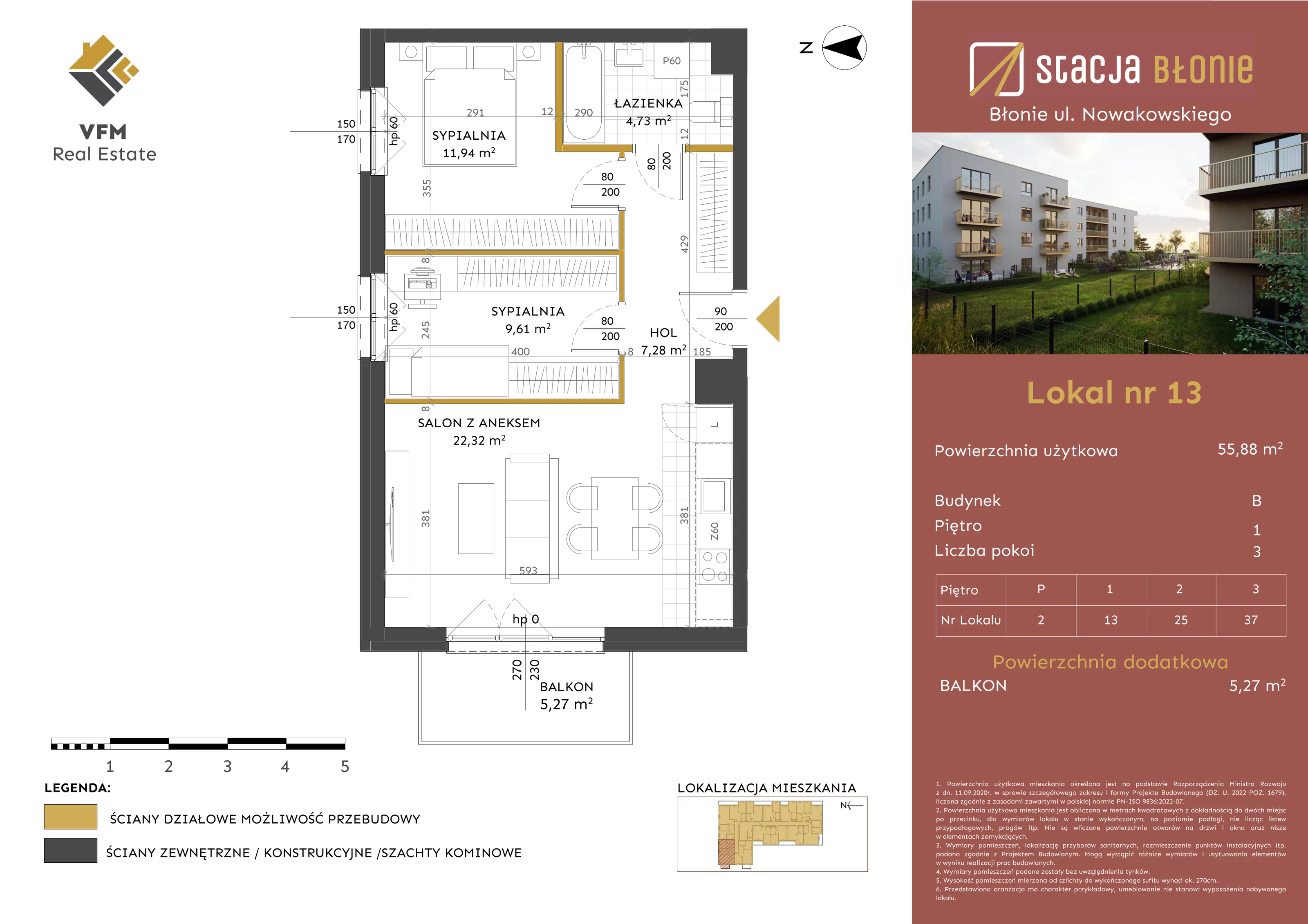 3 pokoje, mieszkanie 55,88 m², piętro 1, oferta nr 13, Stacja Błonie Etap II, Błonie, ul. Nowakowskiego