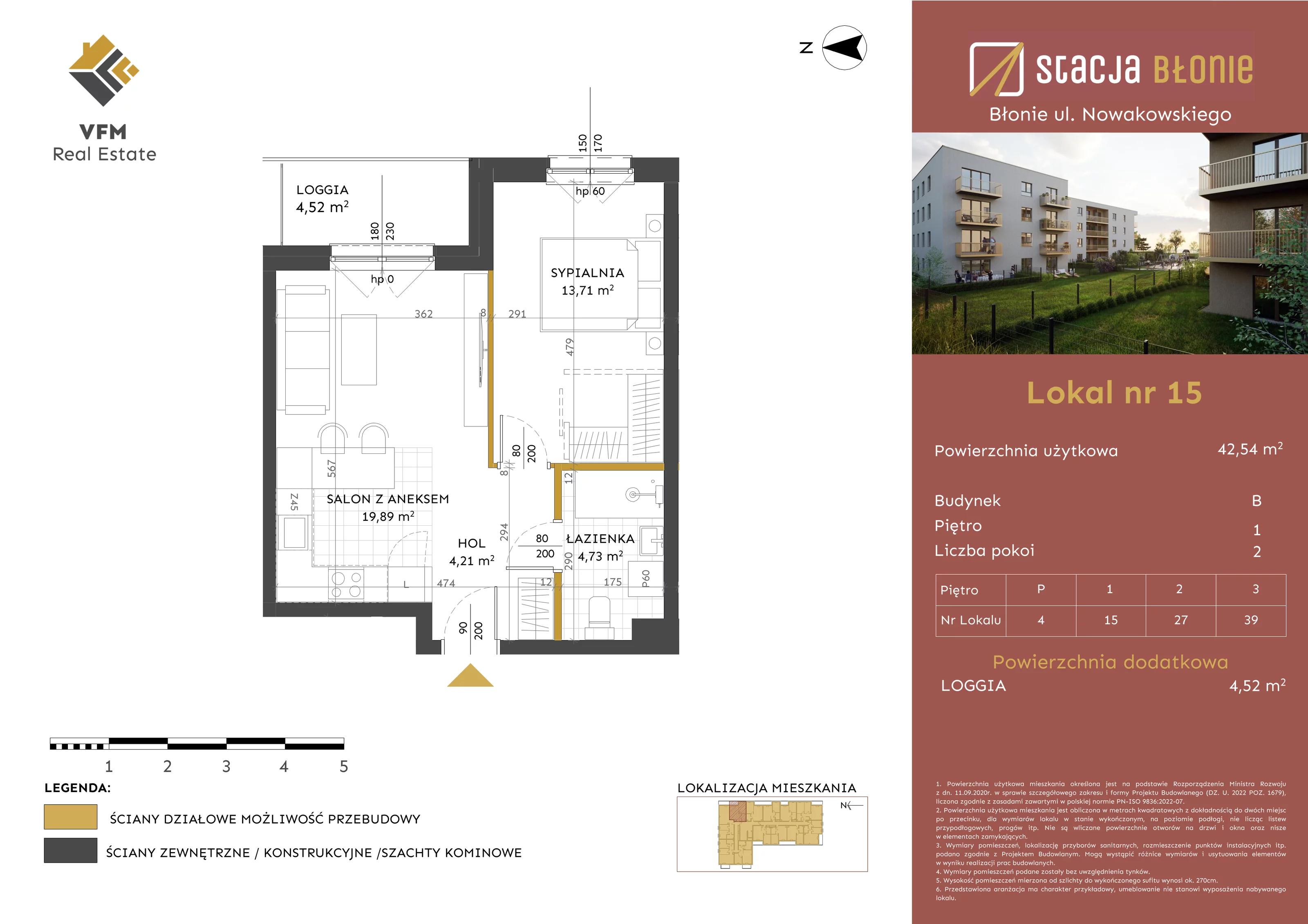 2 pokoje, mieszkanie 42,54 m², piętro 1, oferta nr 15, Stacja Błonie Etap II, Błonie, ul. Nowakowskiego