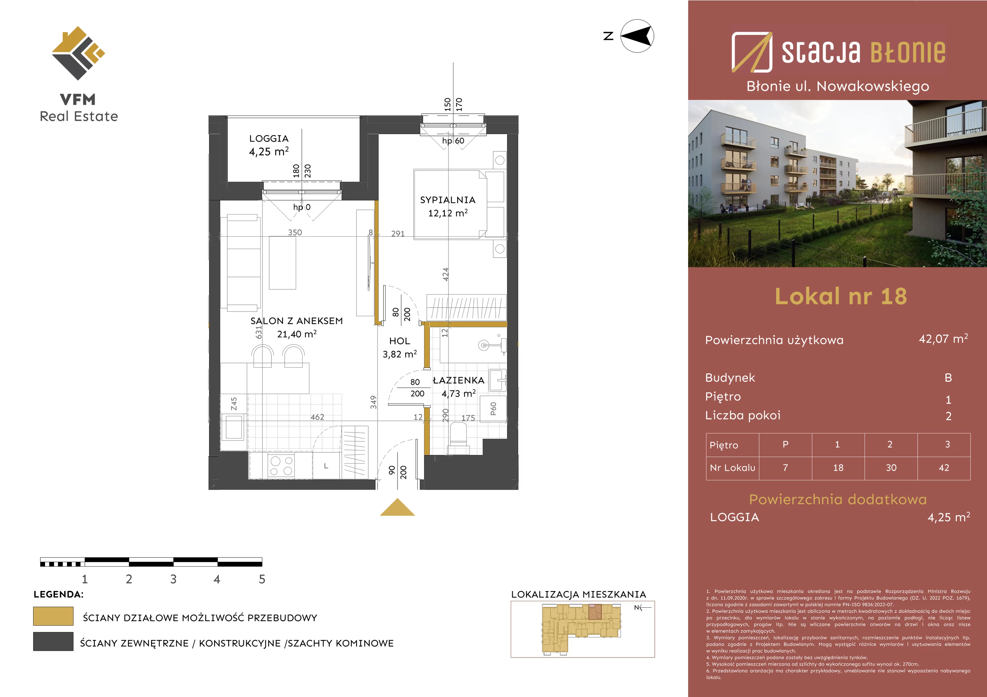 2 pokoje, mieszkanie 42,07 m², piętro 1, oferta nr 18, Stacja Błonie Etap II, Błonie, ul. Nowakowskiego