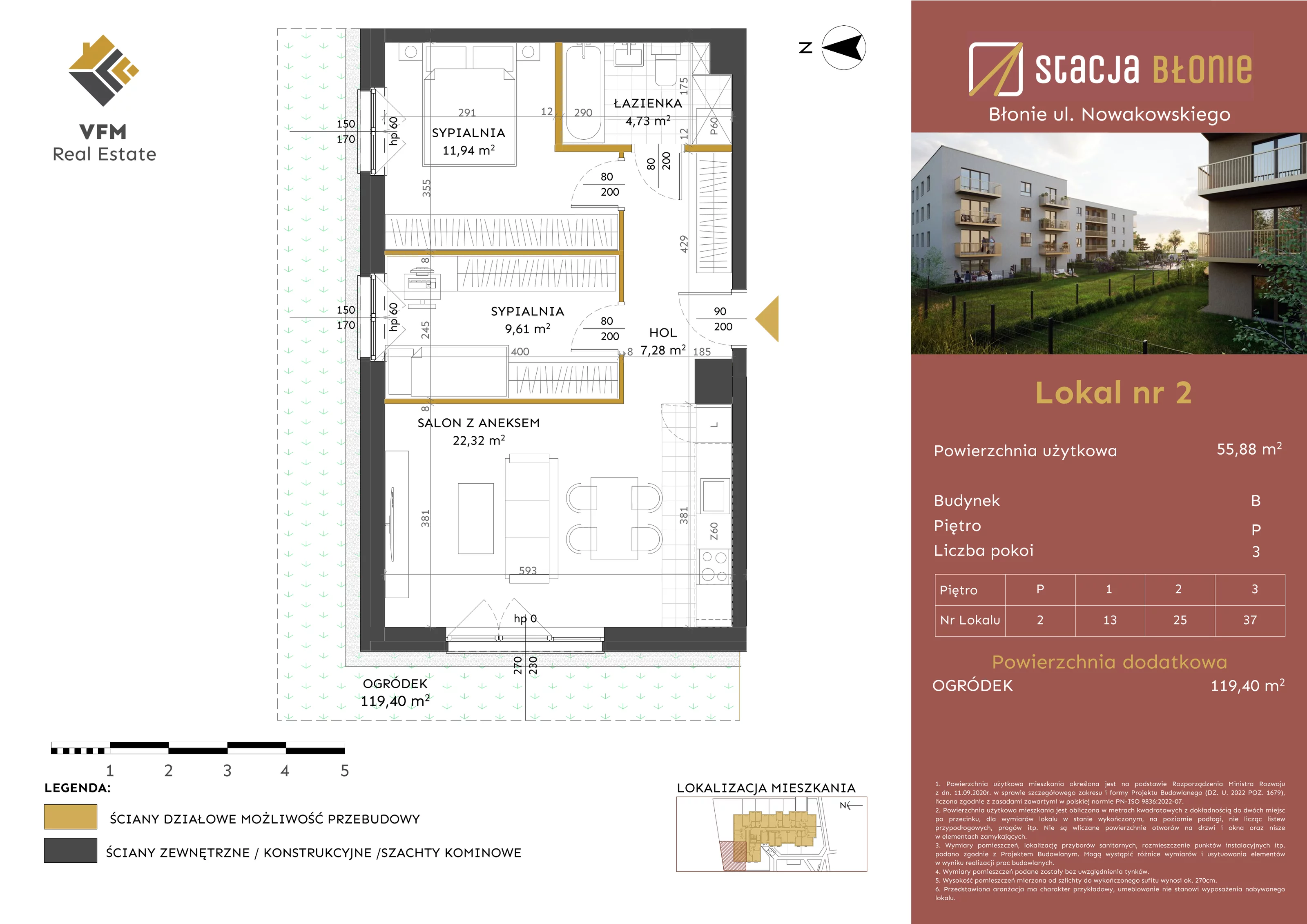 3 pokoje, mieszkanie 55,88 m², parter, oferta nr 2, Stacja Błonie Etap II, Błonie, ul. Nowakowskiego