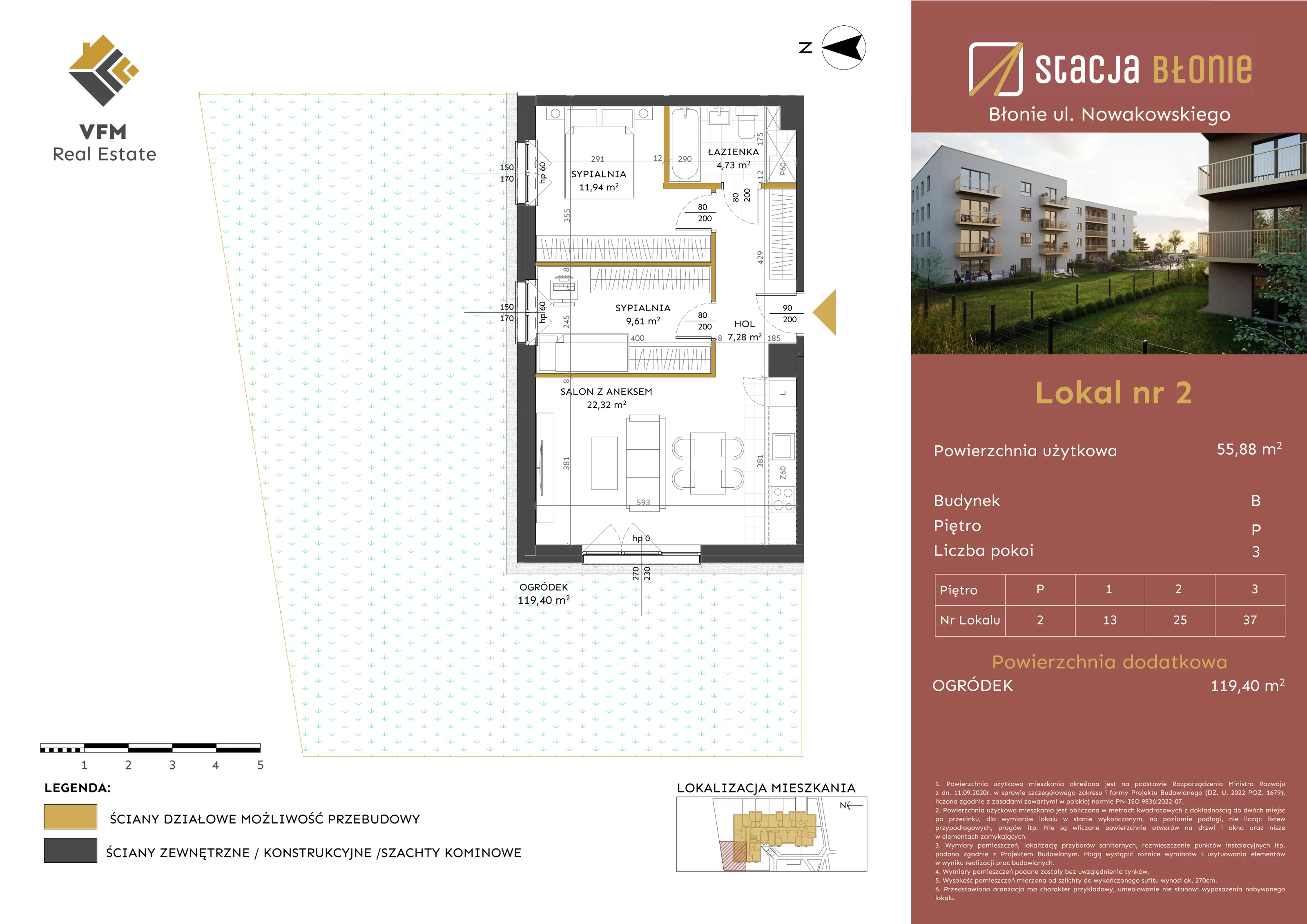 3 pokoje, mieszkanie 55,88 m², parter, oferta nr 2, Stacja Błonie Etap II, Błonie, ul. Nowakowskiego