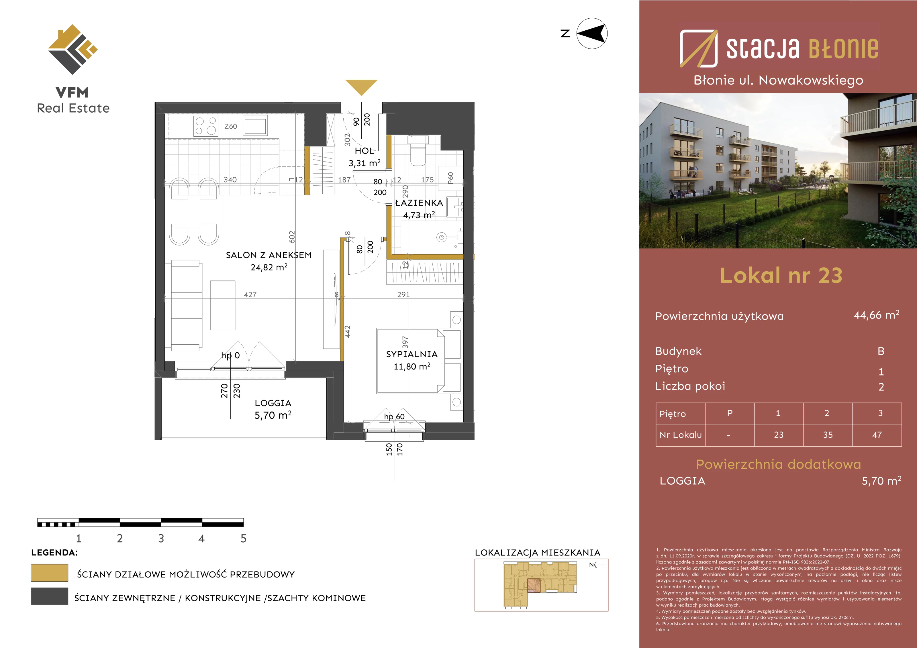 2 pokoje, mieszkanie 44,66 m², piętro 1, oferta nr 23, Stacja Błonie Etap II, Błonie, ul. Nowakowskiego