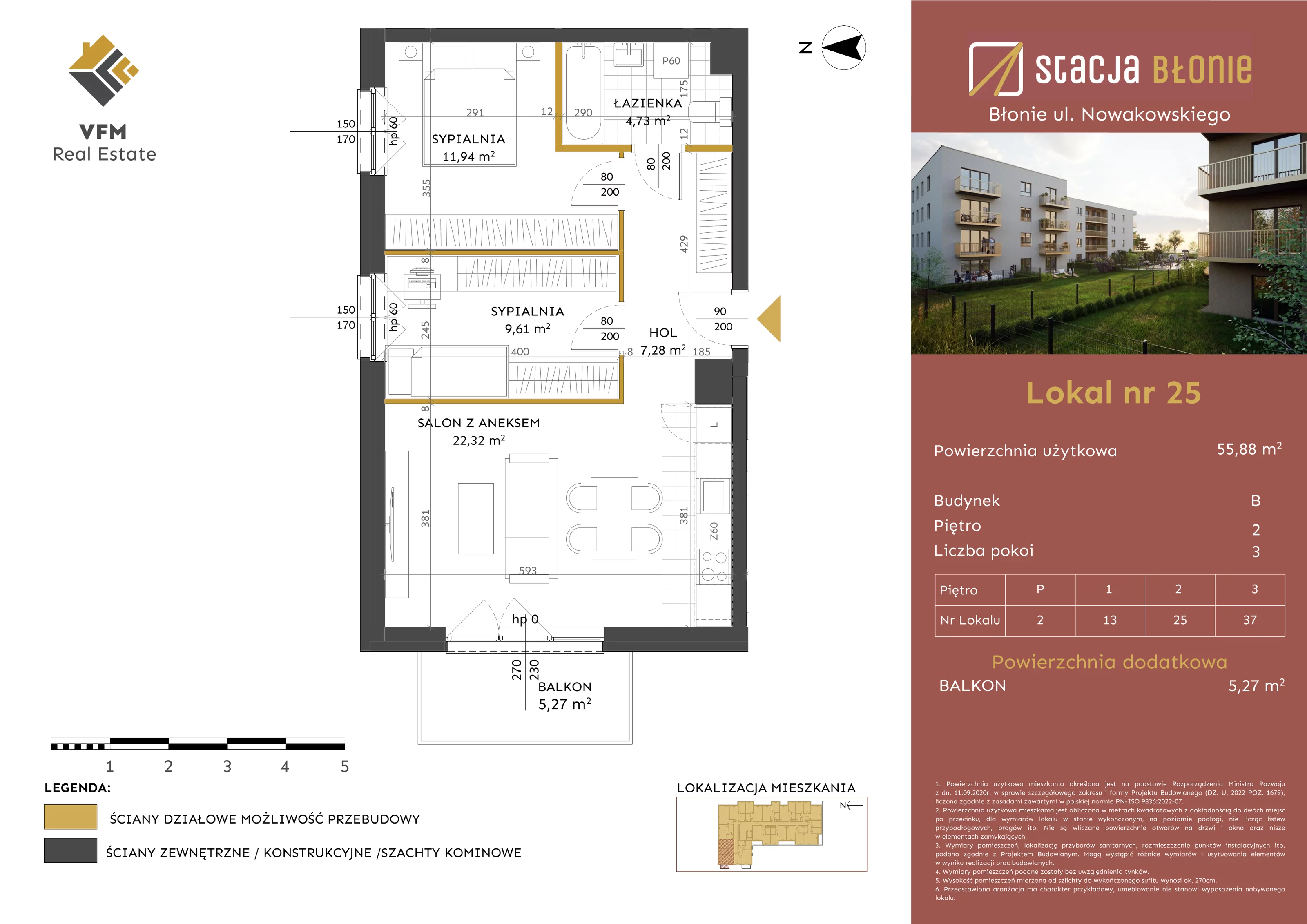 3 pokoje, mieszkanie 55,88 m², piętro 2, oferta nr 25, Stacja Błonie Etap II, Błonie, ul. Nowakowskiego