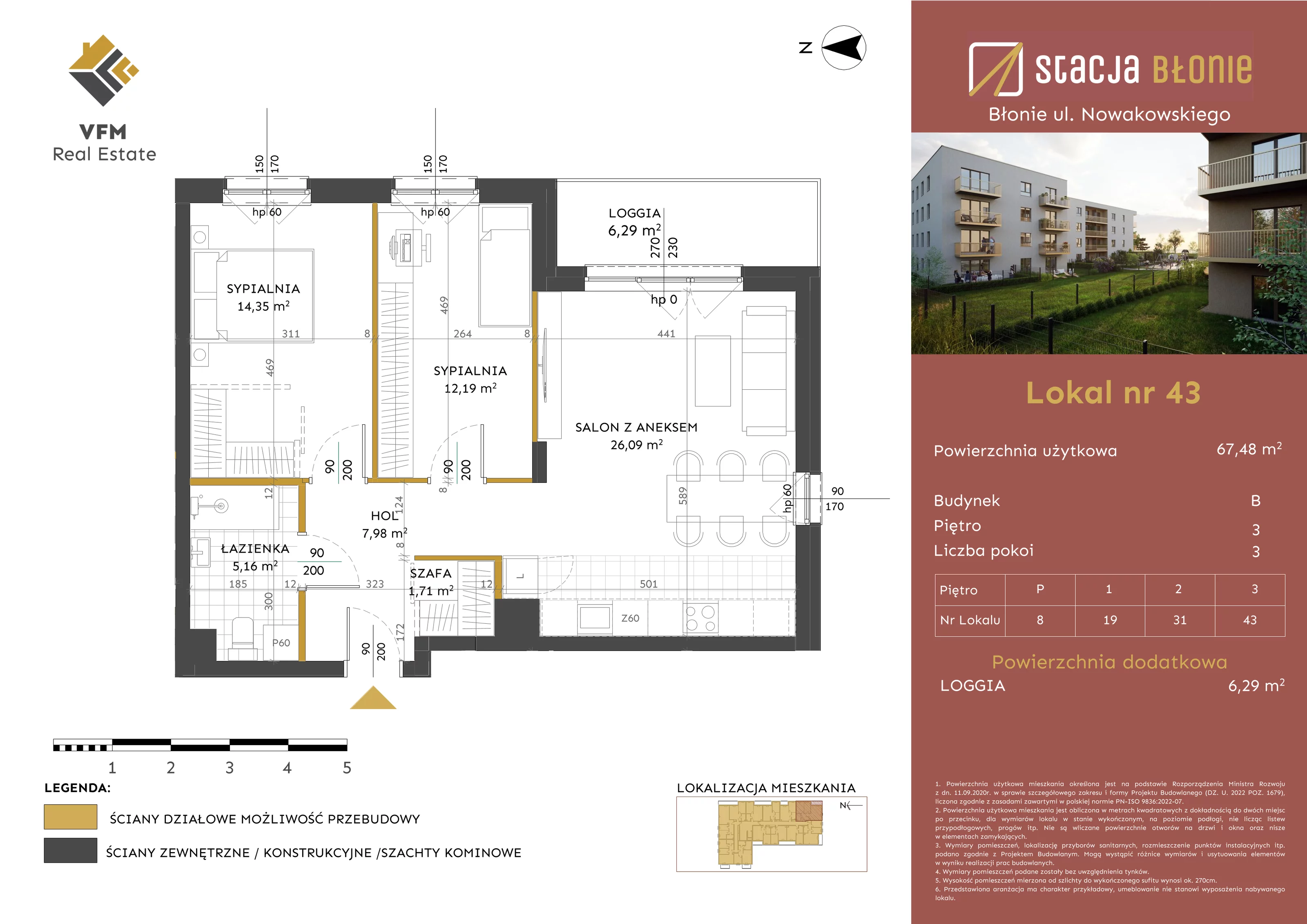 3 pokoje, mieszkanie 67,48 m², piętro 3, oferta nr 43, Stacja Błonie Etap II, Błonie, ul. Nowakowskiego