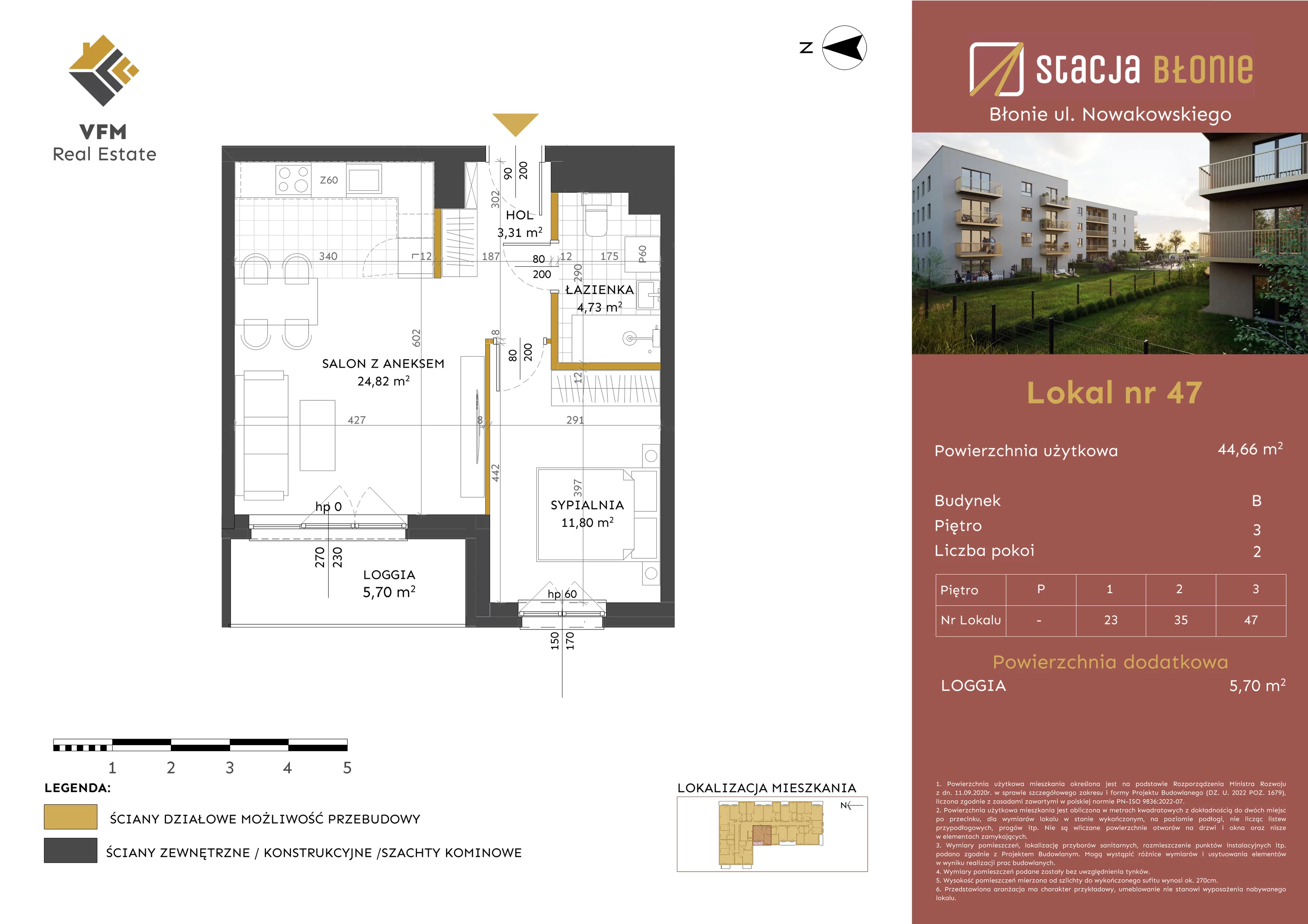2 pokoje, mieszkanie 44,66 m², piętro 3, oferta nr 47, Stacja Błonie Etap II, Błonie, ul. Nowakowskiego