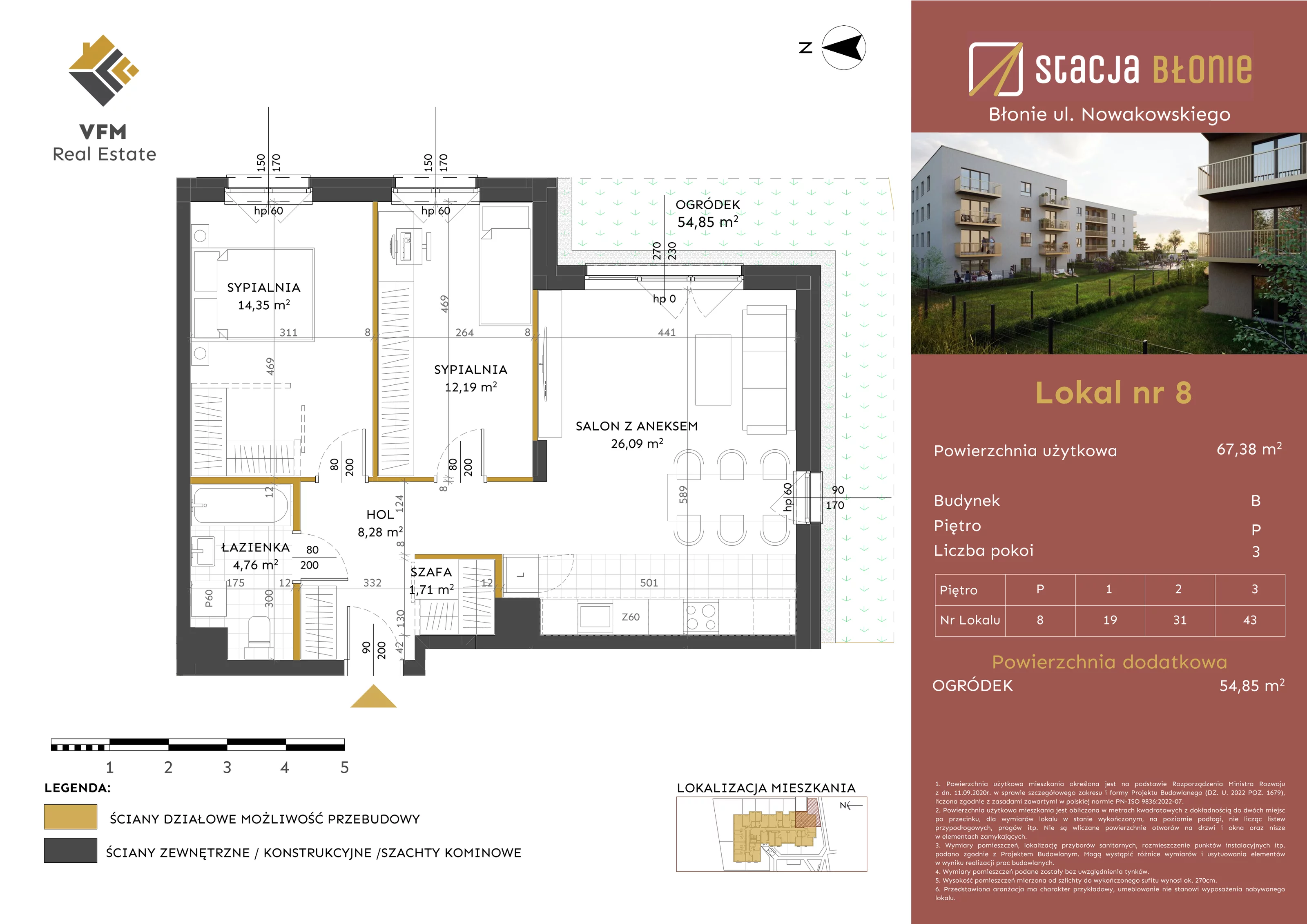 3 pokoje, mieszkanie 67,38 m², parter, oferta nr 8, Stacja Błonie Etap II, Błonie, ul. Nowakowskiego