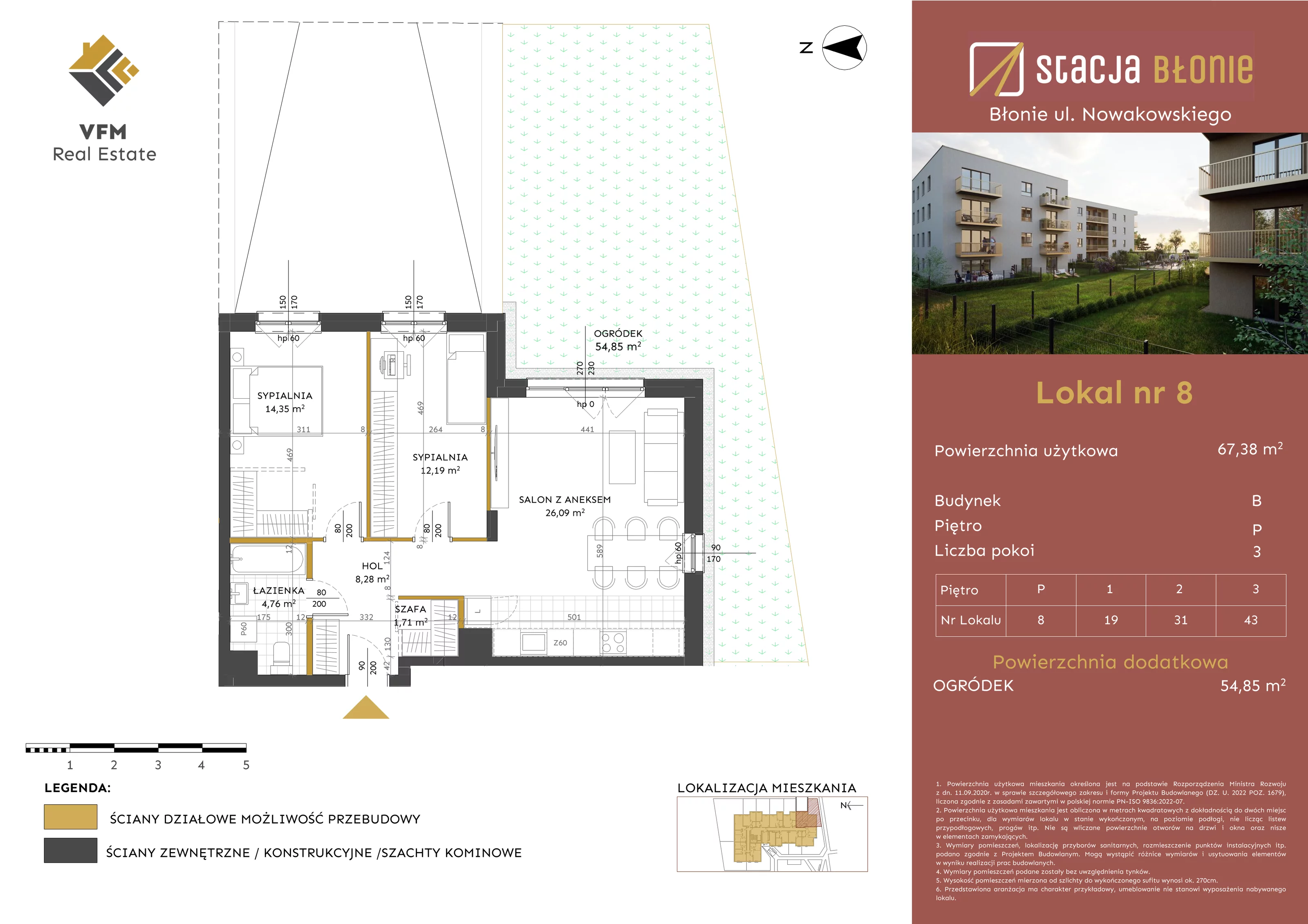 3 pokoje, mieszkanie 67,38 m², parter, oferta nr 8, Stacja Błonie Etap II, Błonie, ul. Nowakowskiego