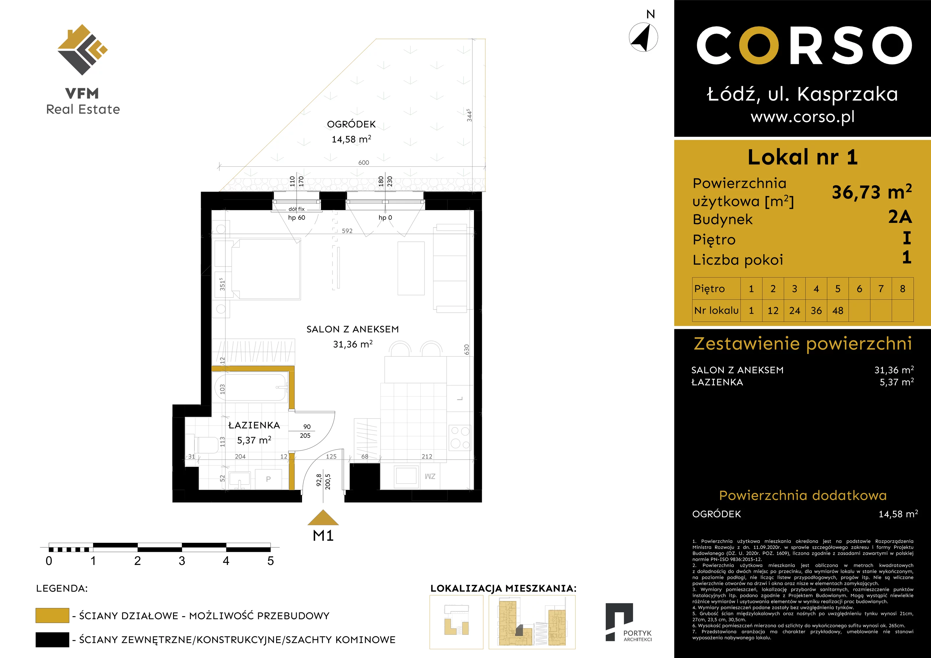 Mieszkanie 36,73 m², piętro 1, oferta nr 1, CORSO - etap 2A, Łódź, Polesie, Stare Polesie, ul. Kasprzaka 5