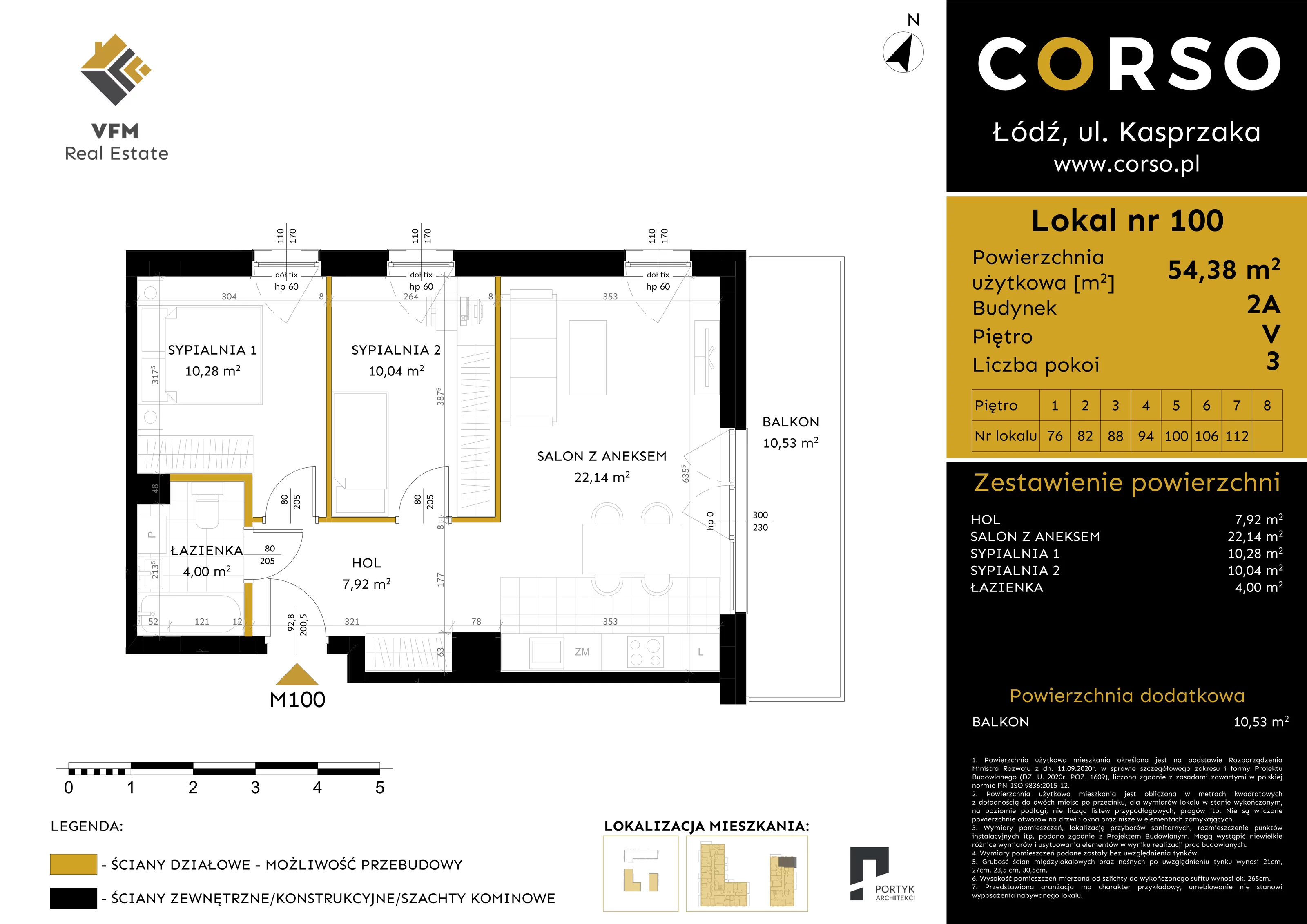 3 pokoje, mieszkanie 54,38 m², piętro 5, oferta nr 100, CORSO - etap 2A, Łódź, Polesie, Stare Polesie, ul. Kasprzaka 5