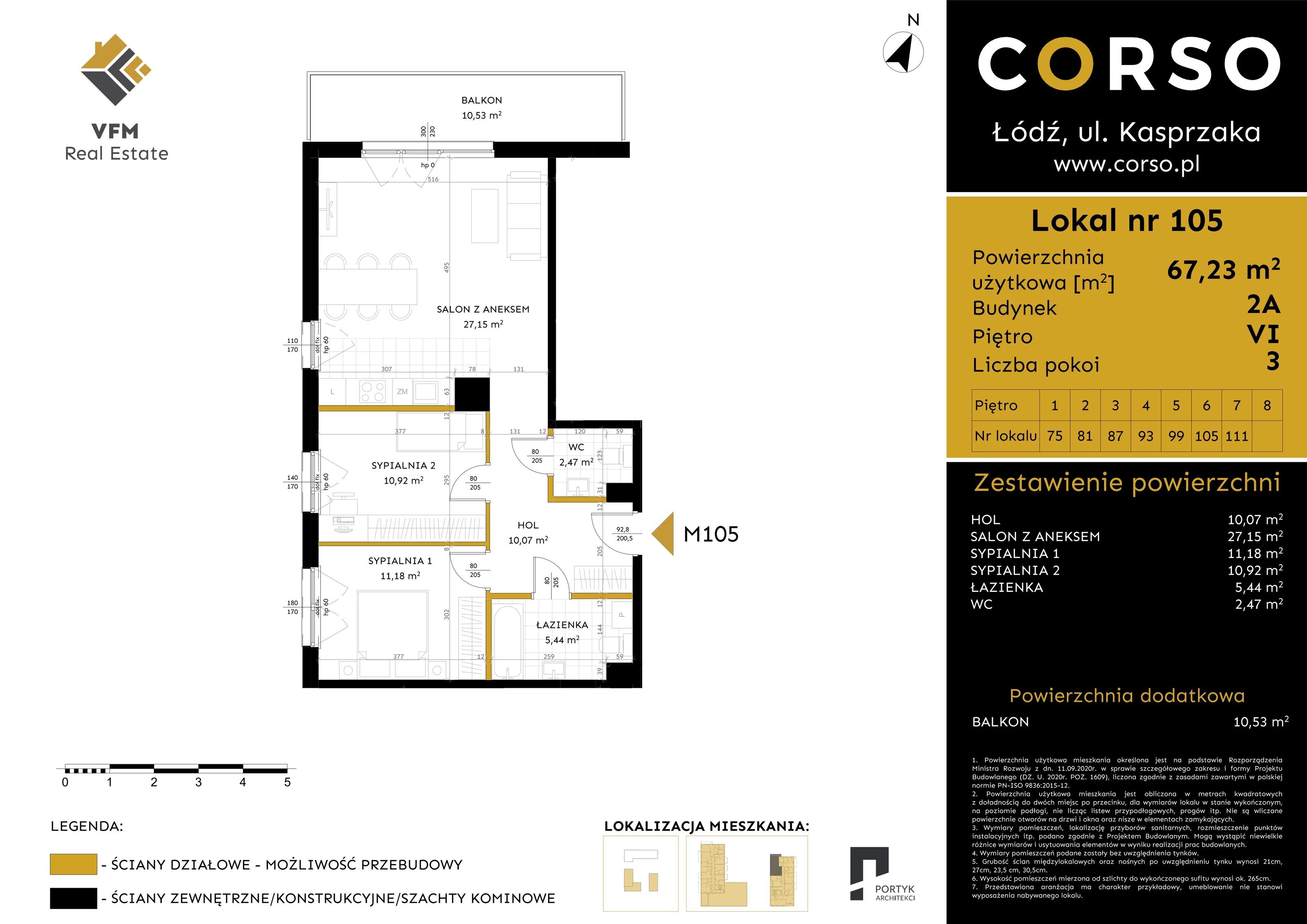 3 pokoje, mieszkanie 67,23 m², piętro 6, oferta nr 105, CORSO - etap 2A, Łódź, Polesie, Stare Polesie, ul. Kasprzaka 5