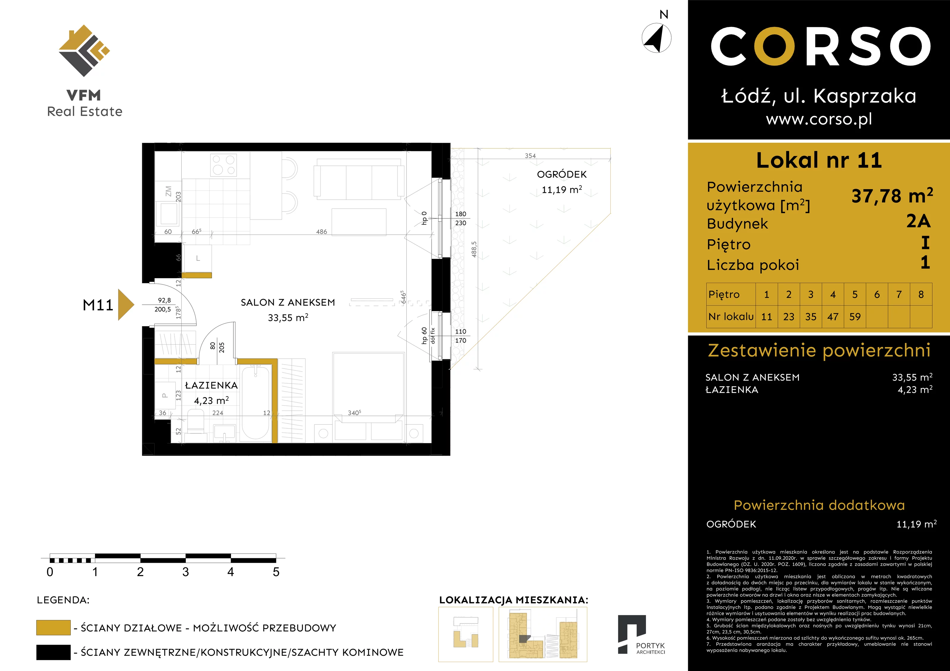 Mieszkanie 37,78 m², piętro 1, oferta nr 11, CORSO - etap 2A, Łódź, Polesie, Stare Polesie, ul. Kasprzaka 5