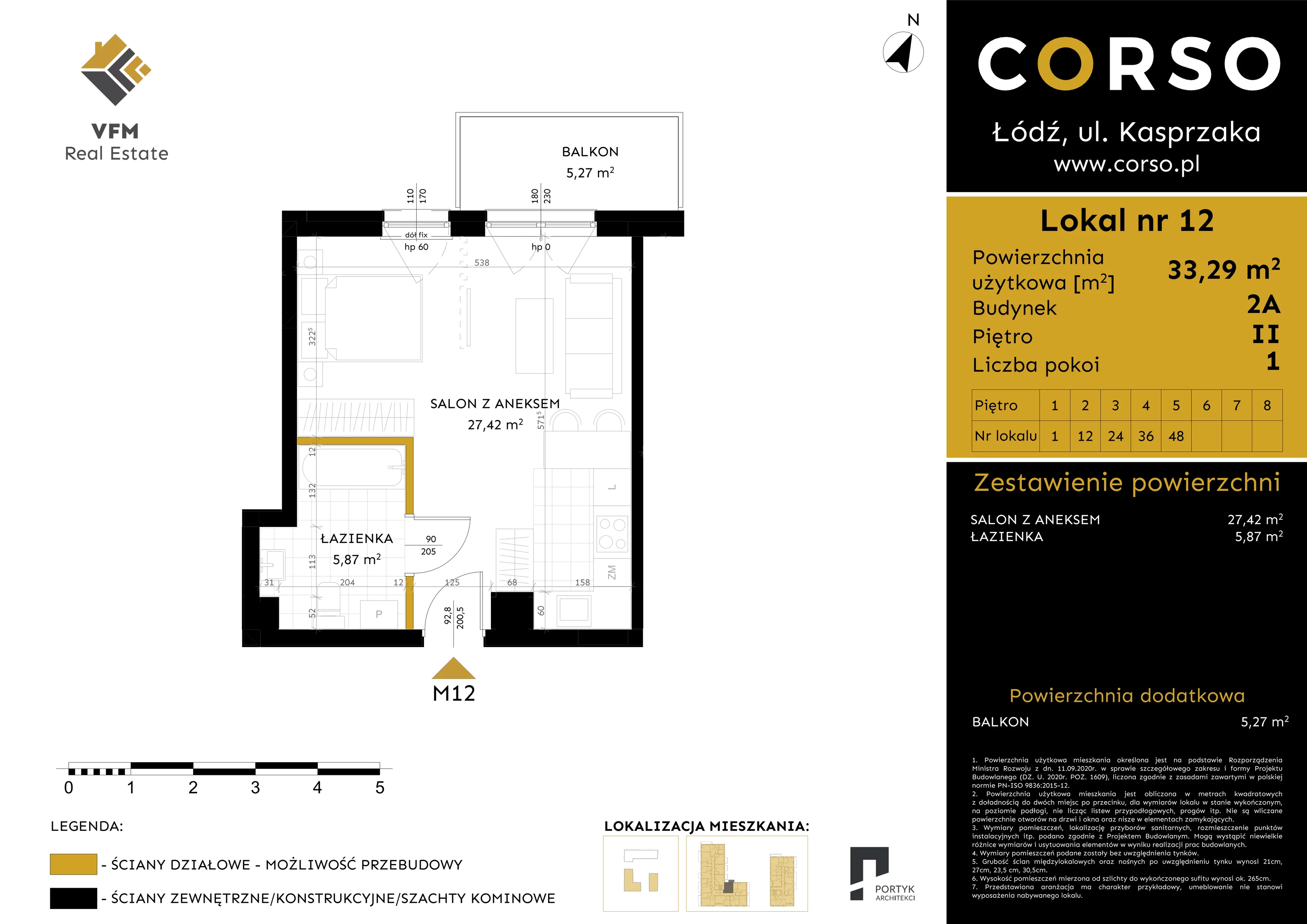 Mieszkanie 33,29 m², piętro 2, oferta nr 12, CORSO - etap 2A, Łódź, Polesie, Stare Polesie, ul. Kasprzaka 5