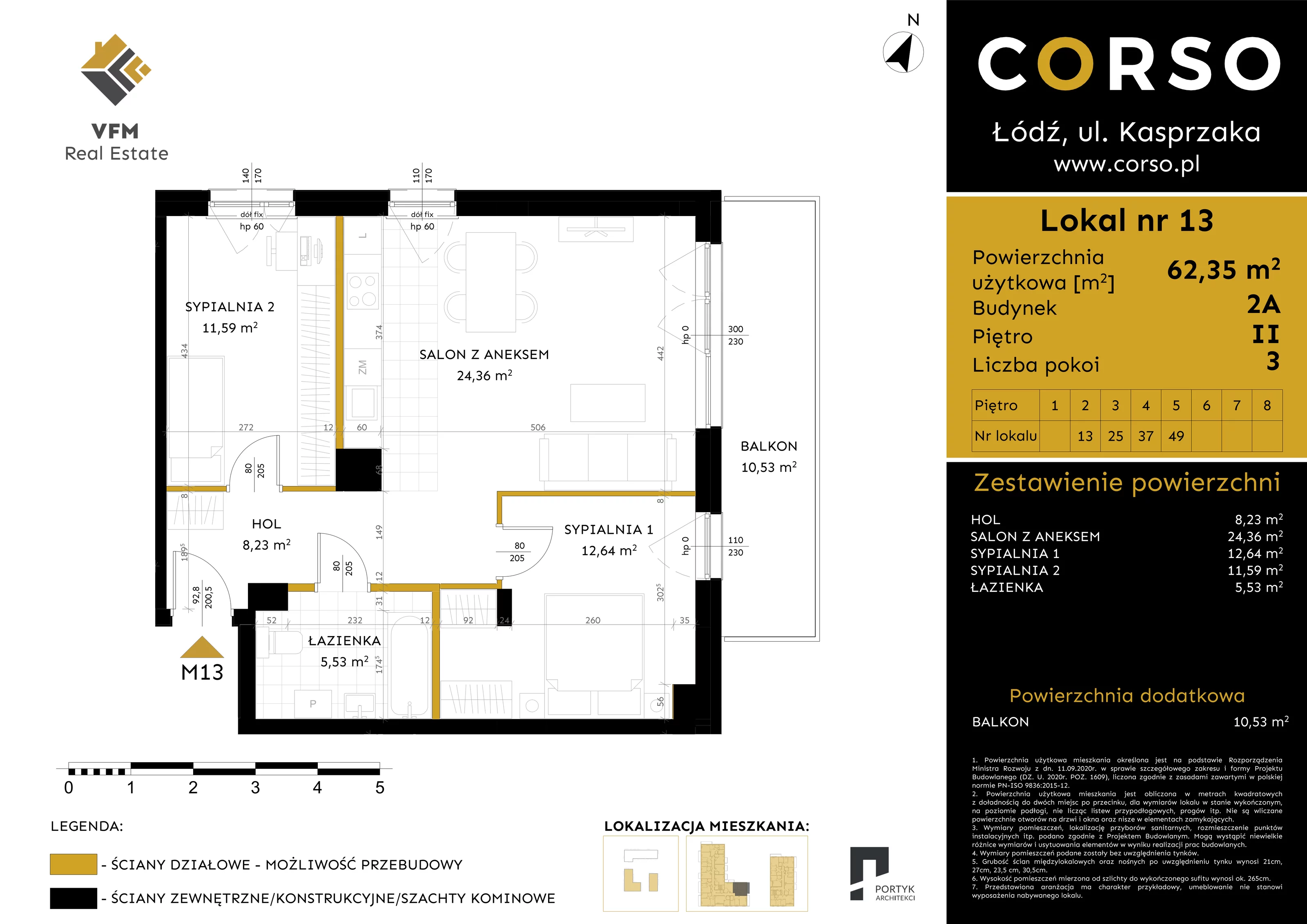 3 pokoje, mieszkanie 62,35 m², piętro 2, oferta nr 13, CORSO - etap 2A, Łódź, Polesie, Stare Polesie, ul. Kasprzaka 5